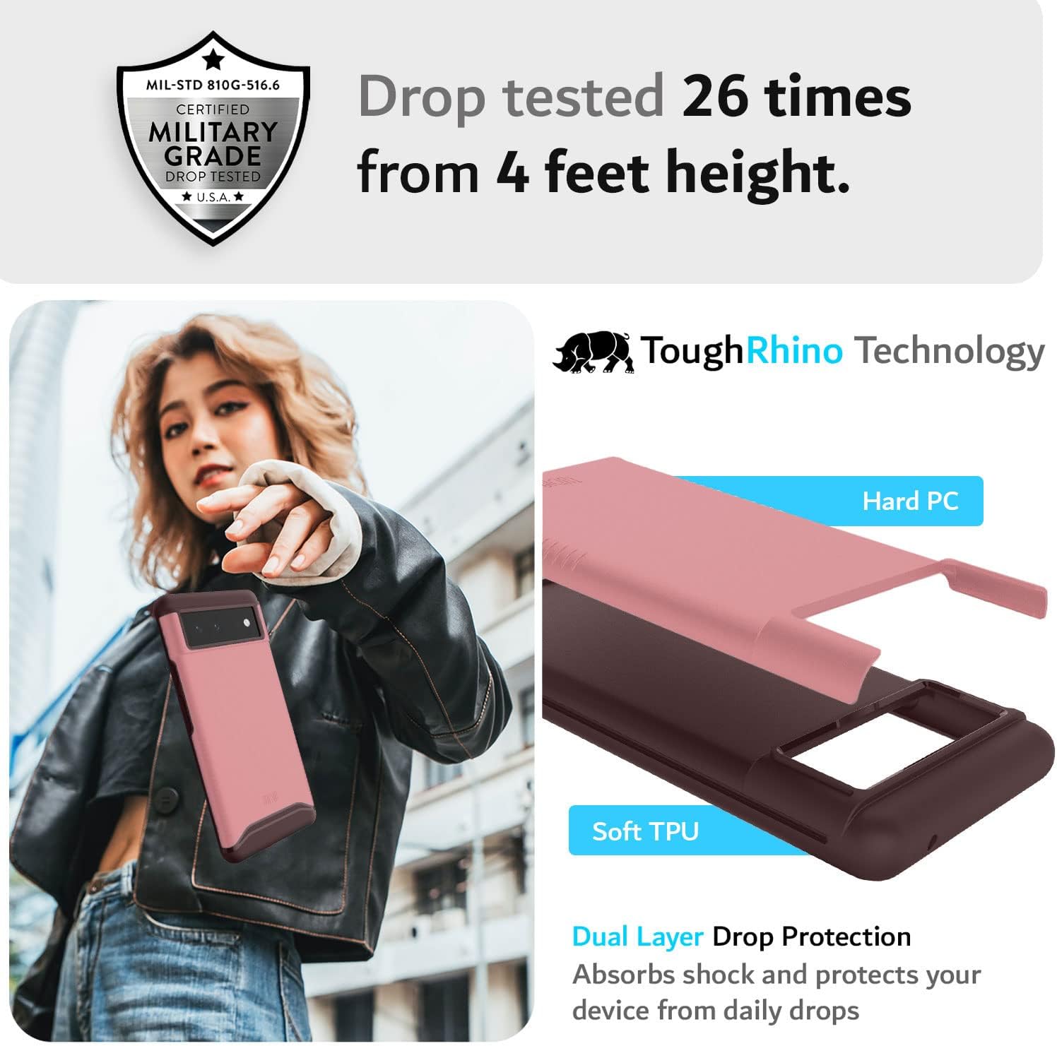 TUDIA DualShield Designed for Google Pixel 6 Case (2021), [Merge] Shockproof Military Grade Heavy Duty Dual Layer Tough Slim Hard Protective Case Cover (Smokey Pink) : Cell Phones & Accessories