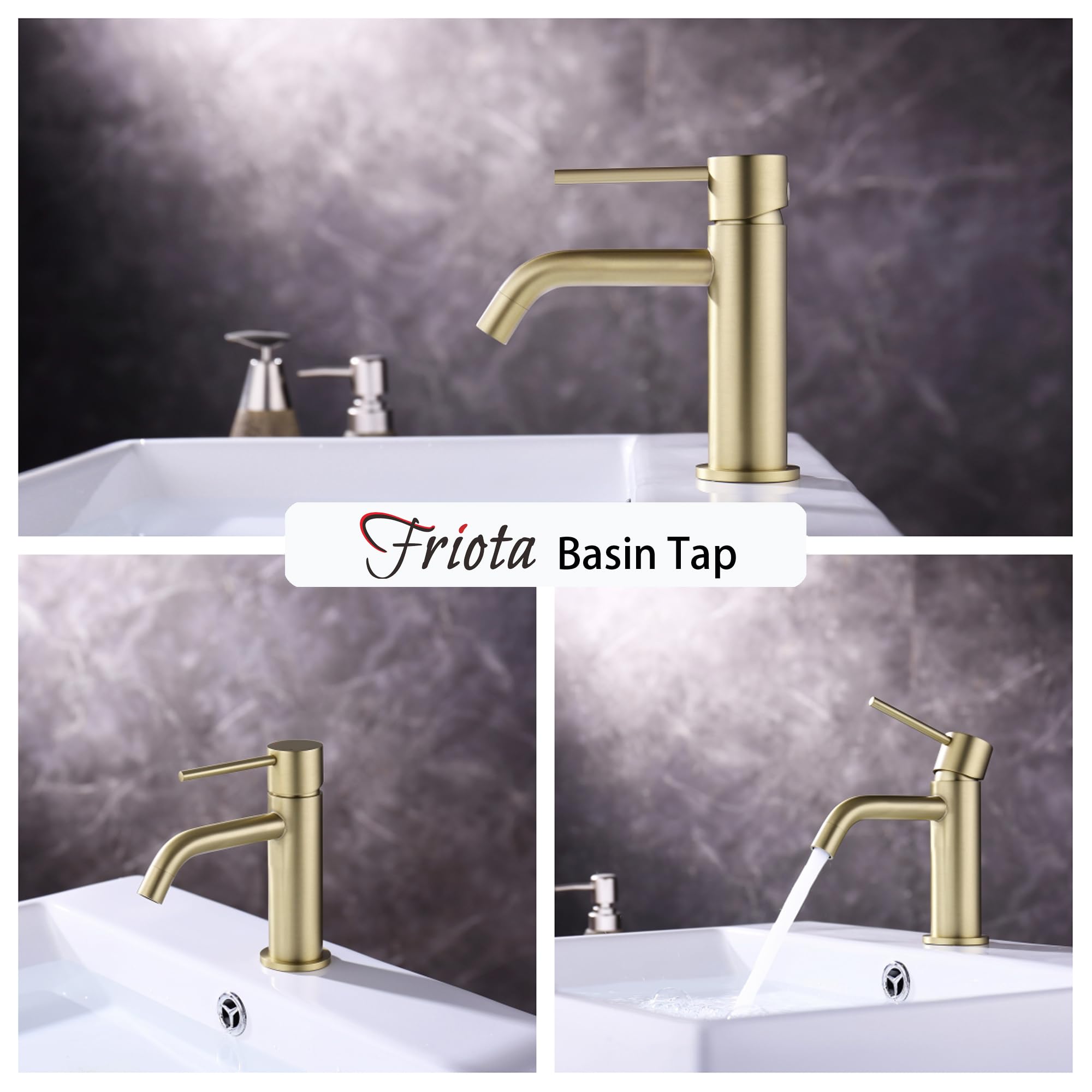 Friota Gold Bathroom Taps Single Lever Exquisite Luxury, Non Corrosive Mono Basin Mixer Tap with G1/2 Water Hose - Image 2