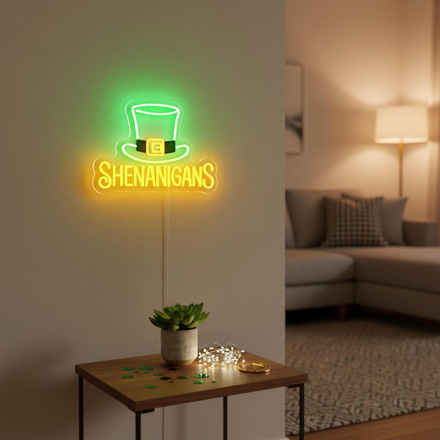 Shenanigans Neon Sign for Wall Decor 15" LED Green Leprechaun Hat Light Up Sign Funny St. Patrick's Day Decorations USB Powered with Switch for Home Bar Party Game Room Man Cave Wall Art