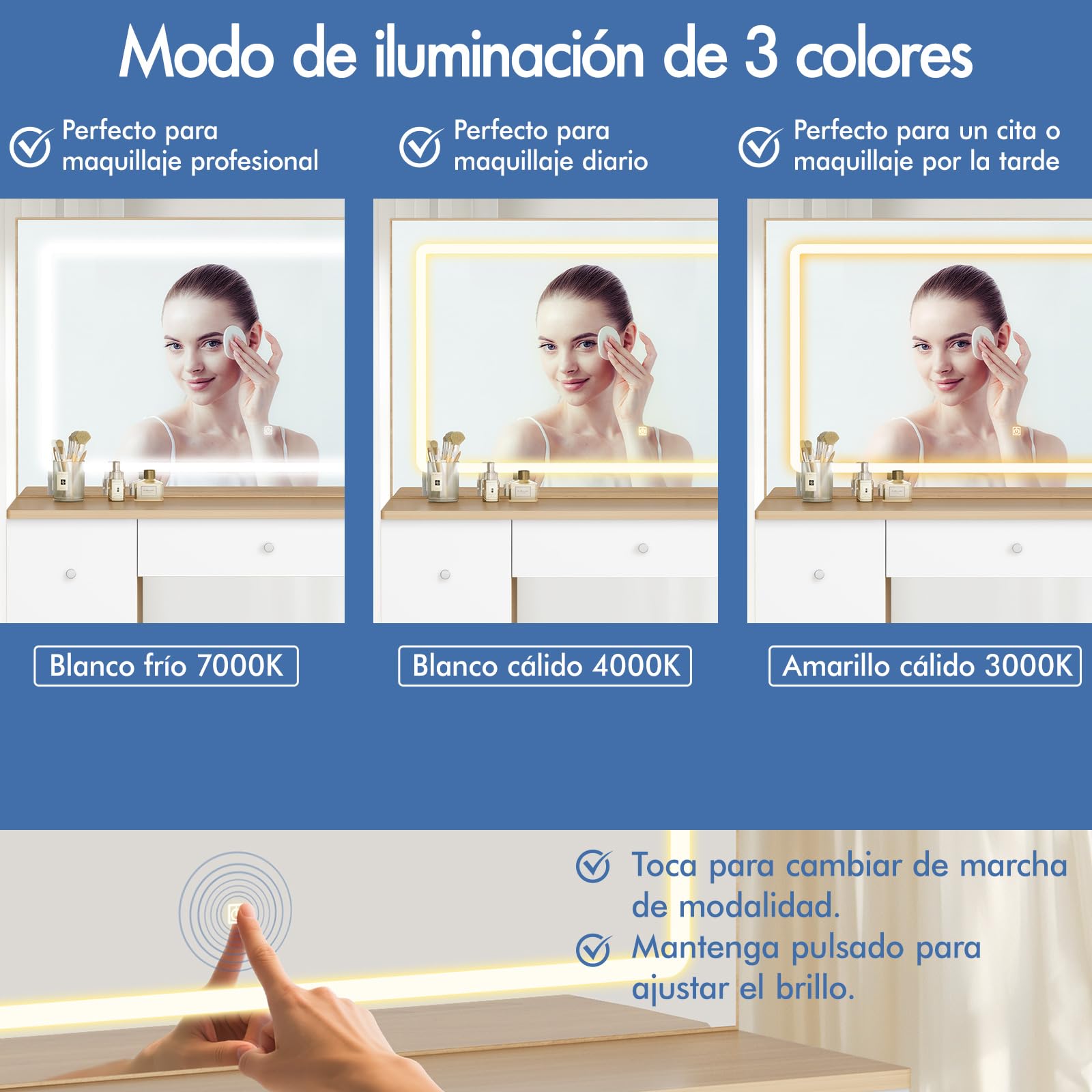 ALFORDSON Tocador con Espejo e iluminación, Juego de tocador de 90 cm con 4 cajones y Taburete de Almacenamiento, Luces LED Ajustables, tocador para Dormitorio de Mujeres y niñas, Madera