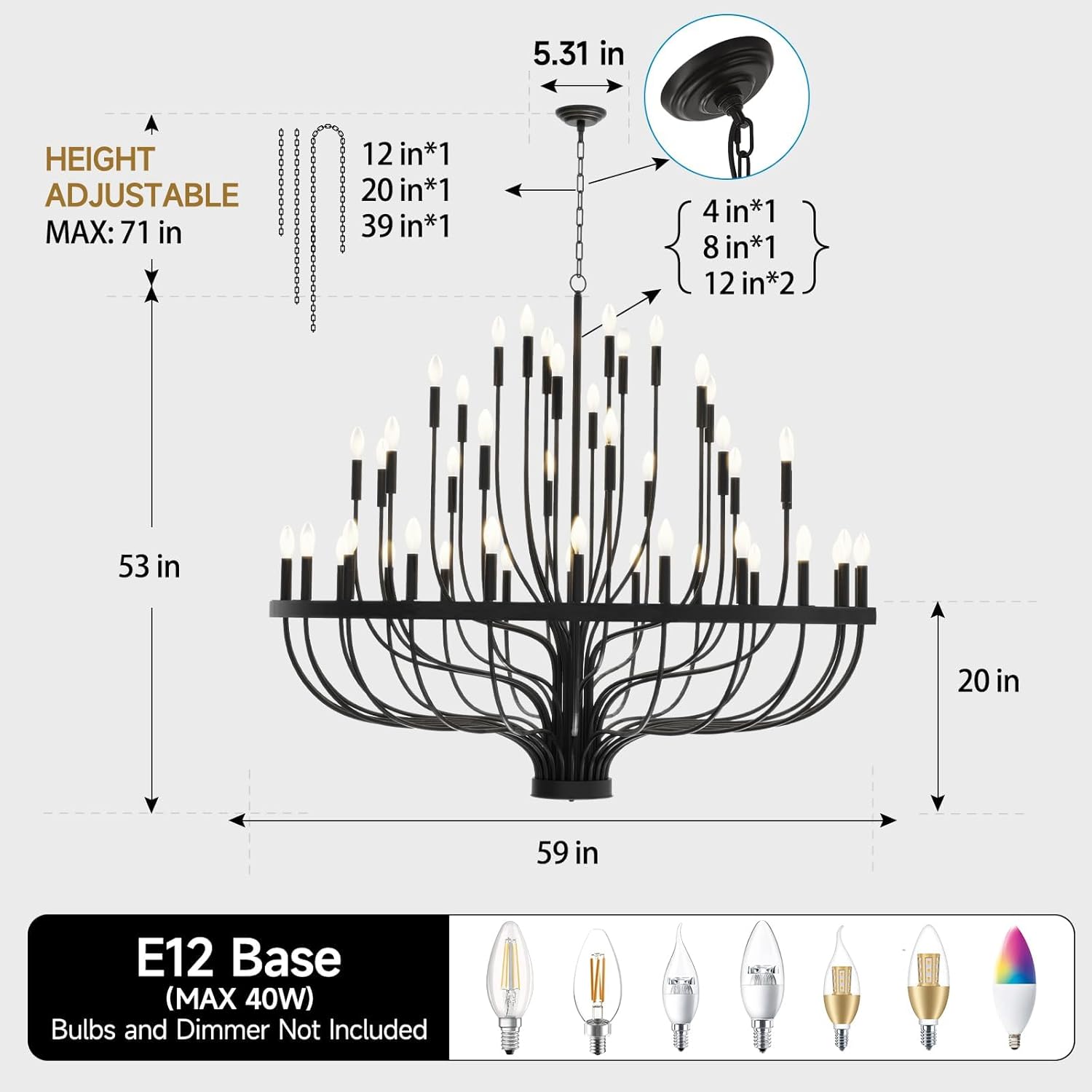 60" 48-Light Extra Large Chandelier, Black Foyer Chandeliers for High Ceilings, Modern Farmhouse Light Fixtures for Dining Room Kitchen Island, E12 Vintage Rustic Industrial Candle Chandeliers