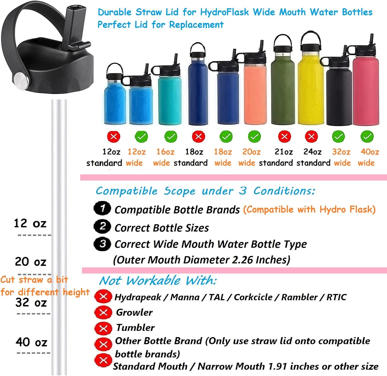 KMN Straw Lid for Hydro Flask Wide Mouth, Lids with Straw for Hydroflask Wide Mouth 32 40 oz, Top Replacement Cap Sport Lid Accessories - Image 4