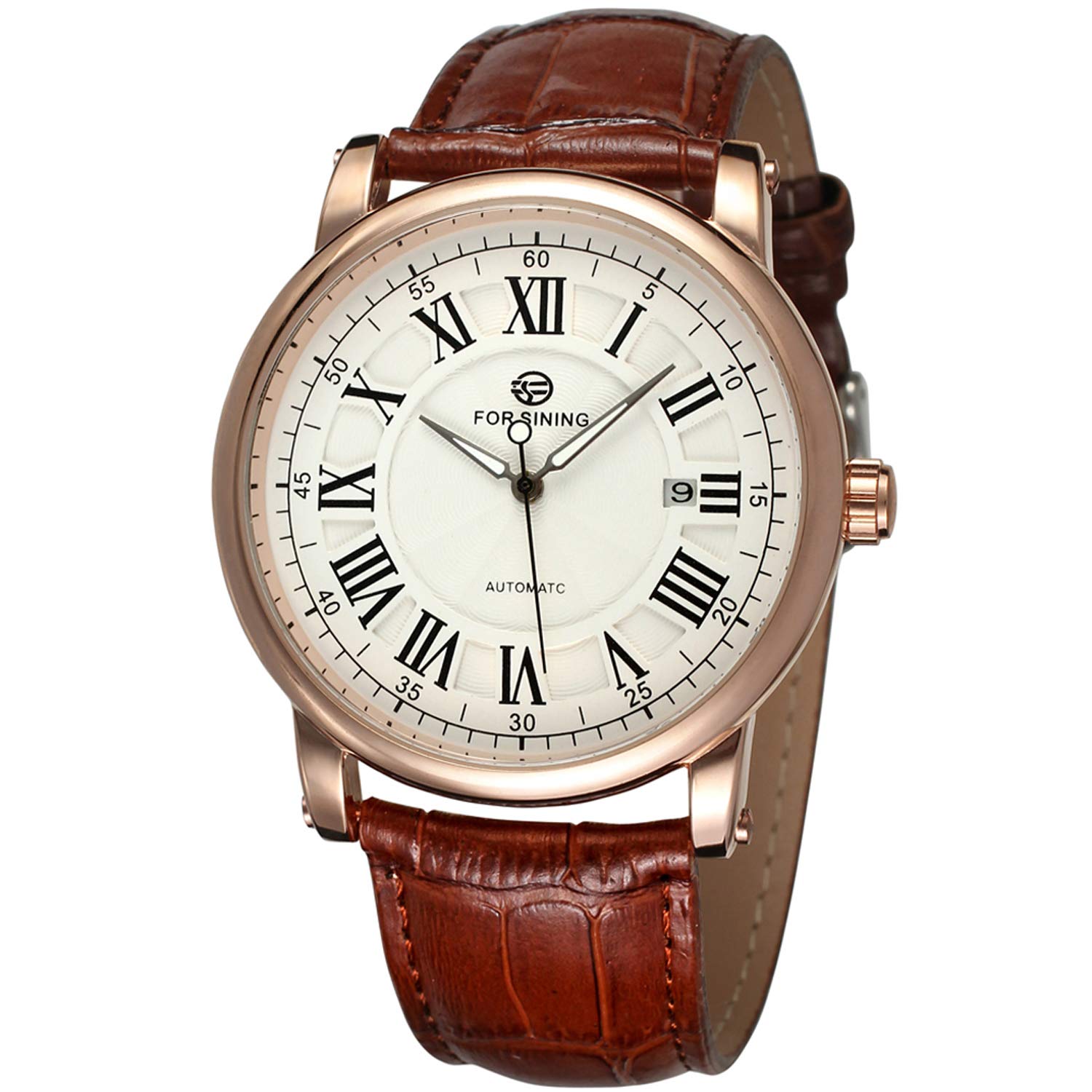 Men's Fashion Self-Winding Analog Roman Numbers Dial Wristwatch with Leather Strap
