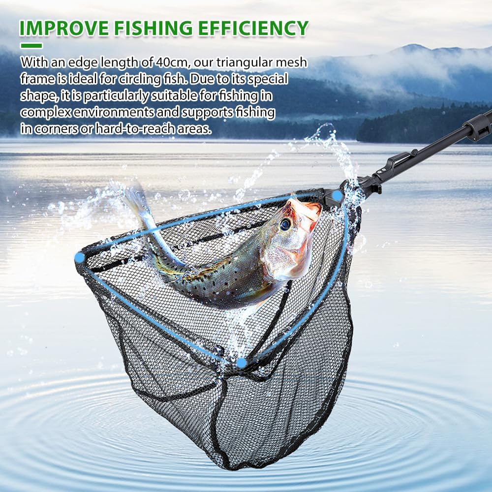 Épuisette Pêche Pliable, Caoutchouc Filet Téléscopique Landing Net Antirouille Alliage D'aluminium Nylon Filet de Pêche 95 cm avec Poignée, pour Etangs Truite Carpe Salmon Attraper et à Libérer