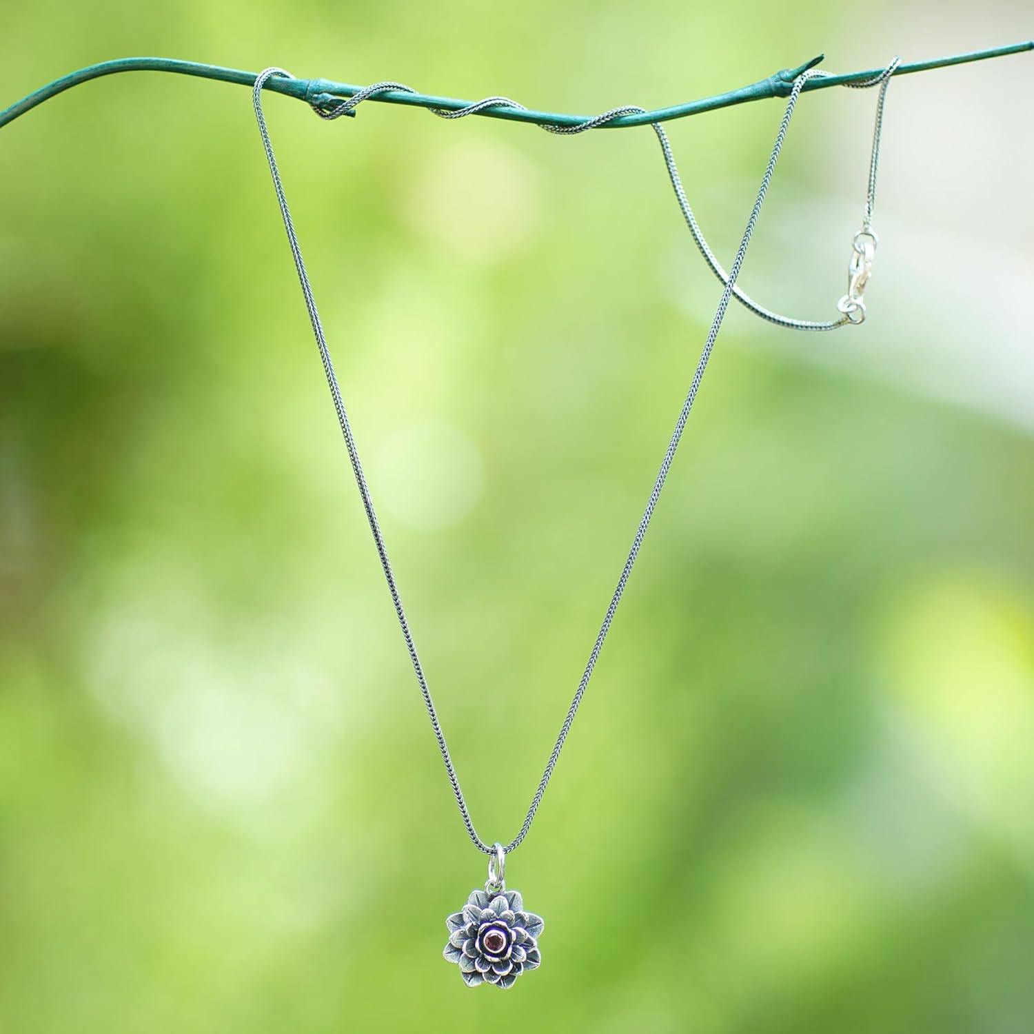 NOVICA Artisan Handmade Garnet Necklace Floral .925 Sterling Silver Pendant Red Indonesia Birthstone 'Sacred Red Lotus'