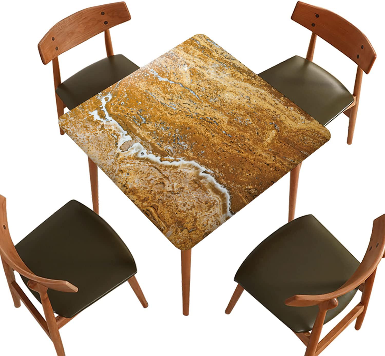 Marble Fitted Polyester Tablecloth Square, Yellow Gold Marble Elastic Edge Decorative Tablecloths, Waterproof Washable Table Cover for Family Festival