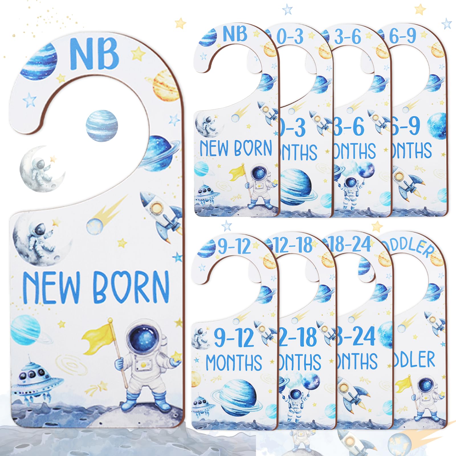 CORNER LACE Baby Closet Dividers 8PCS, Outer Space Themed Wooden Double-Sided Clothes Size Hanger Organizer from Newborn to Toddler for Nursery Decor Baby Shower Birthday Gift Blue — image 1
