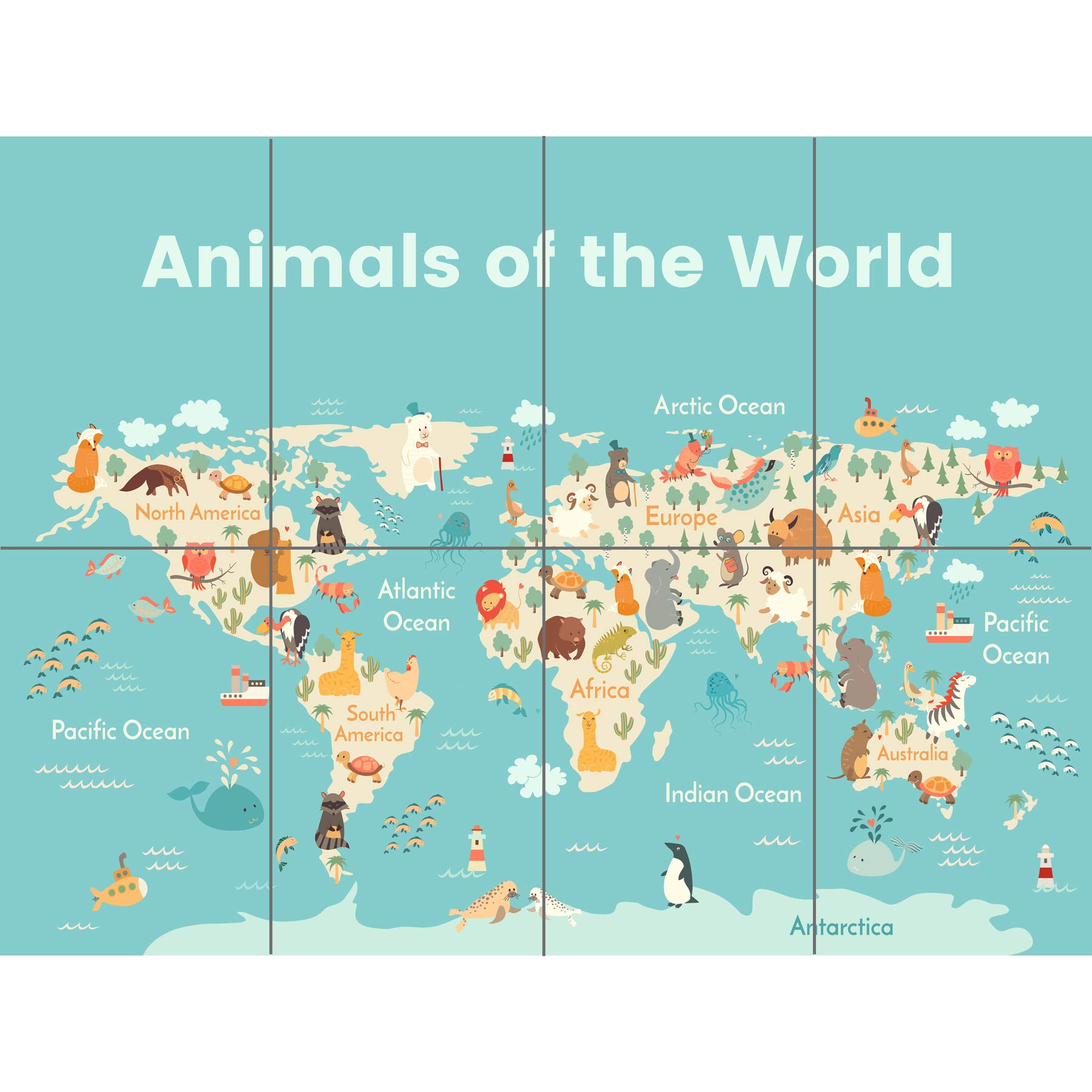 Artery8 Animals Of The World Map XL Giant Panel Poster (8 Sections)