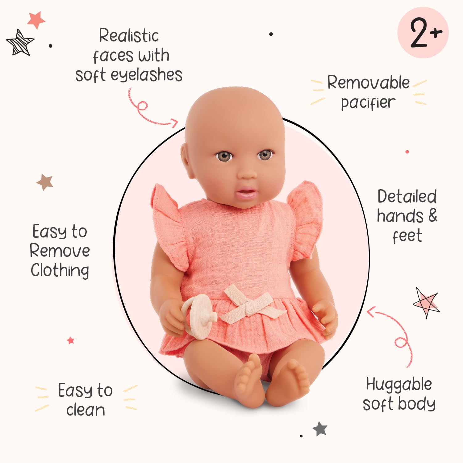 LullaBaby Realistyczna lalka niemowlęca 35 cm - brązowe oczy, porcelanowa skóra i miękkie ciało do przytulania - akcesoria ujawniające płeć chłopca lub dziewczynki - udawaj zabawę przez ponad 2 lata