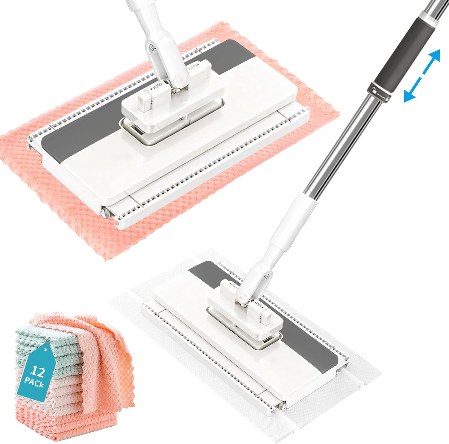 Snap Grip Flat Mop, Clamp Mop Any Cloth, Telescopic Wet Dry Hardwood Tile
