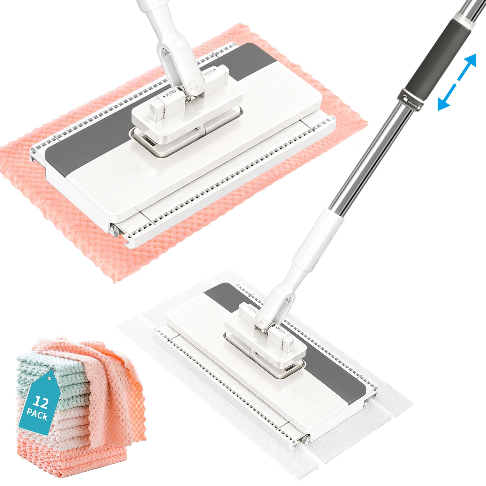 Mop z systemem zaciskowym | mini mop z automatyczną wymianą ściereczki | Zero-Touch i teleskopowy uchwyt | 12 ściereczek z mikrofibry, obsługa jedną ręką | do łazienki, kuchni, płytek
