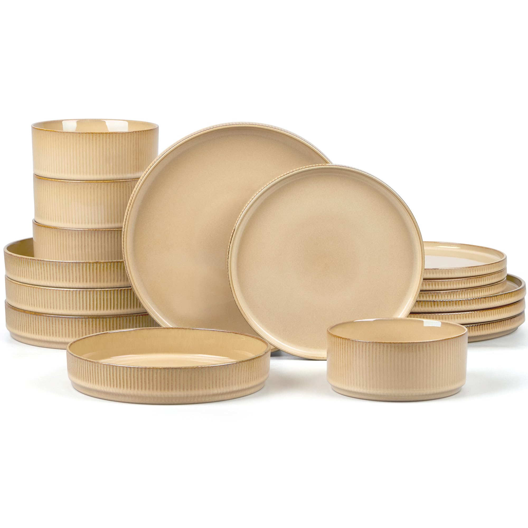 E-far 16 Piece Dinnerware Sets, Plates and Bowls with Pasta Bowls Service for 4, Modern Stoneware Ribbed Dishes for Kitchen Dining, Microwave &amp; Dishwasher Safe, Caramel Khaki