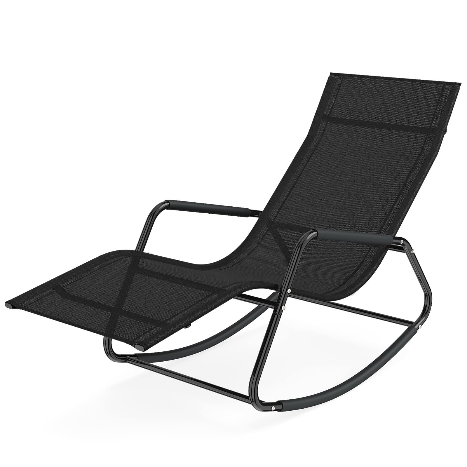 RELAX4LIFE Garden Sun Lounger, Outdoor Rocking Deck Chair with Curved Armrests & Rocking Function, Heavy Duty Metal Frame Reclining Furniture for Backyard Porch Balcony Camping (Black)