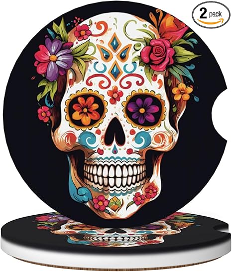 2pcs Car Coaster Sugar Skull Floral Absorbent Car Coaster Absorbent Drink Coaster for Car Decor Auto Accessories