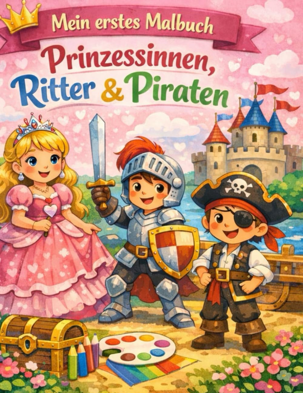 Mein erstes Malbuch: Prinzessinnen, Ritter & Piraten: Einfaches Malbuch für Kinder ab 3 Jahren mit großen Motiven, dicken Linien und süßen Prinzessinnen, Rittern und Piraten