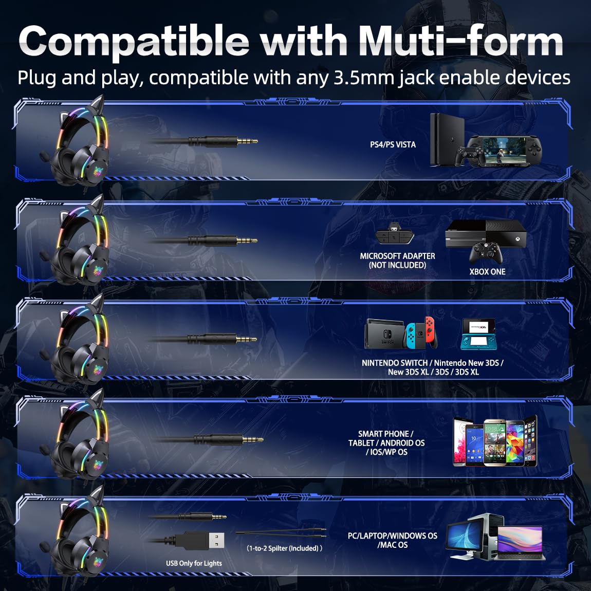 Cuffie da gioco con orecchie di gatto, cuffie retroilluminate RGB per PC/PS4/PS5/XBOX/Switch con microfono a cancellazione del rumore, suono surround virtuale 7.1, design leggero e archetto a