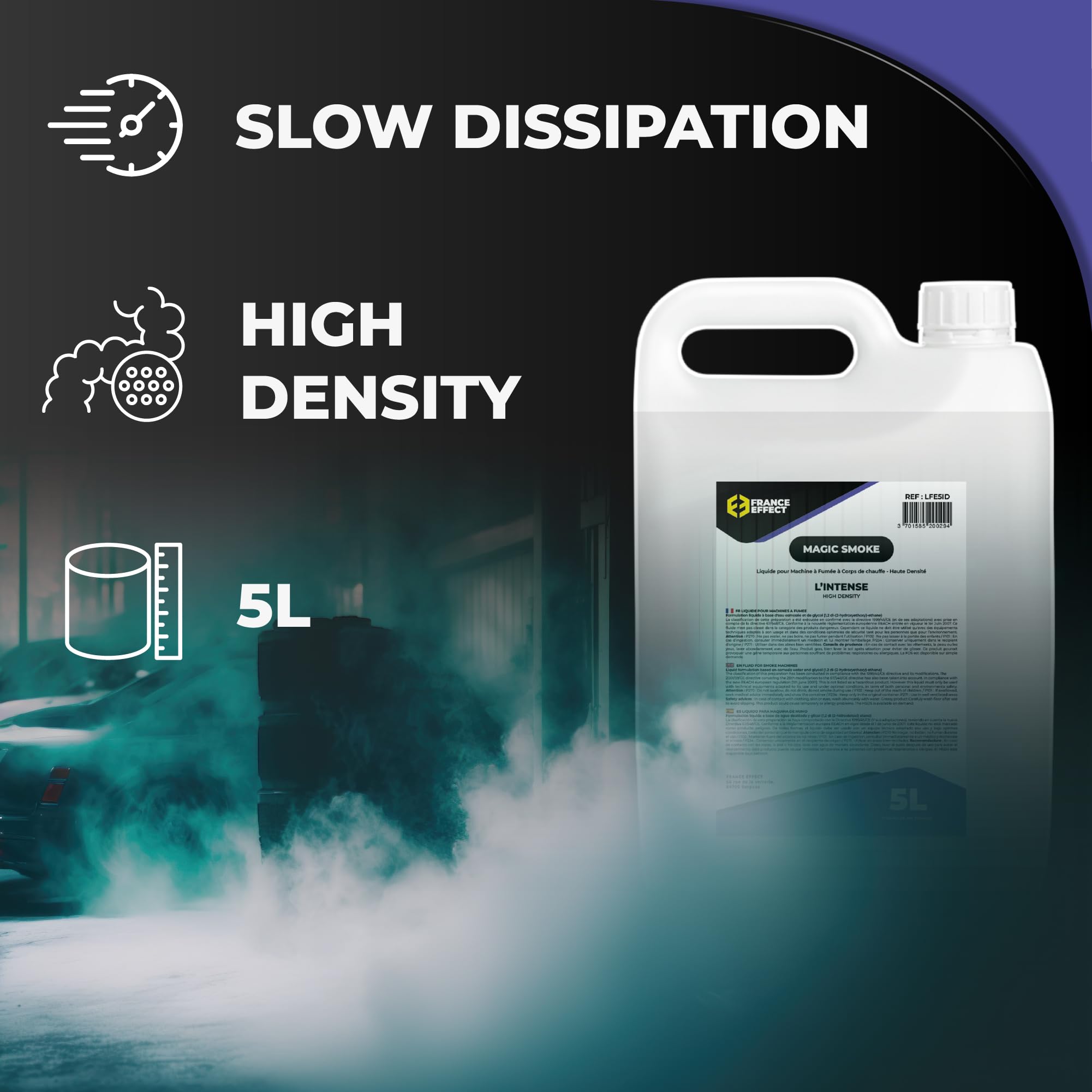 France Effect Liquide pour machine à fumée - L'INTENSE - Magic Smoke® 5L - Fumée dense, Biodégradable, Inodore. Economique. Fabriqué en France.