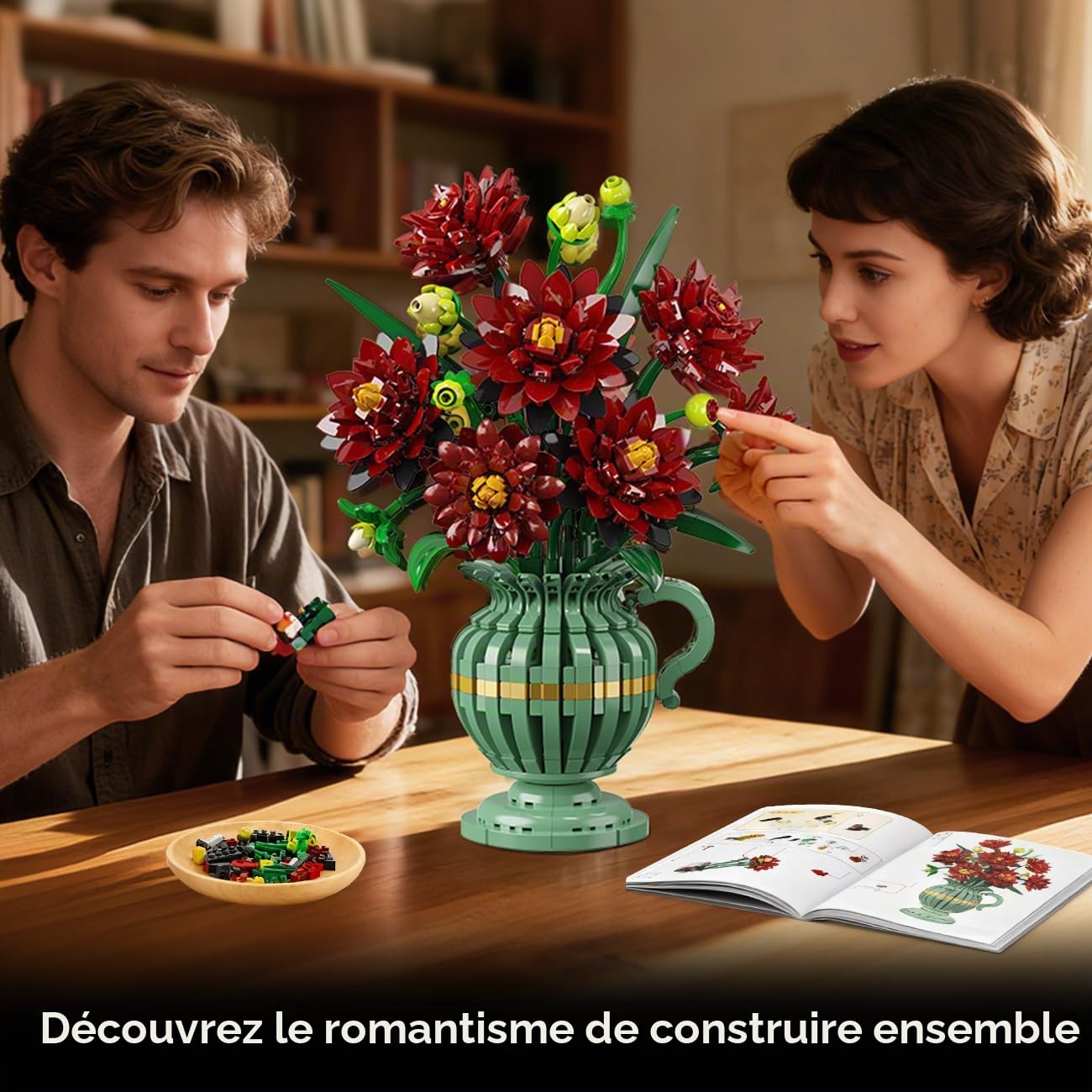 PLAXSOON Kit de Construction de Fleurs Dahlia avec Vase, Collection Botanique Bouquet de Fleurs en Blocs, 1482 PCS Kit Bonsaï Artificiel Gothique Déco Maison Cadeau pour Elle Adultes Enfants Filles