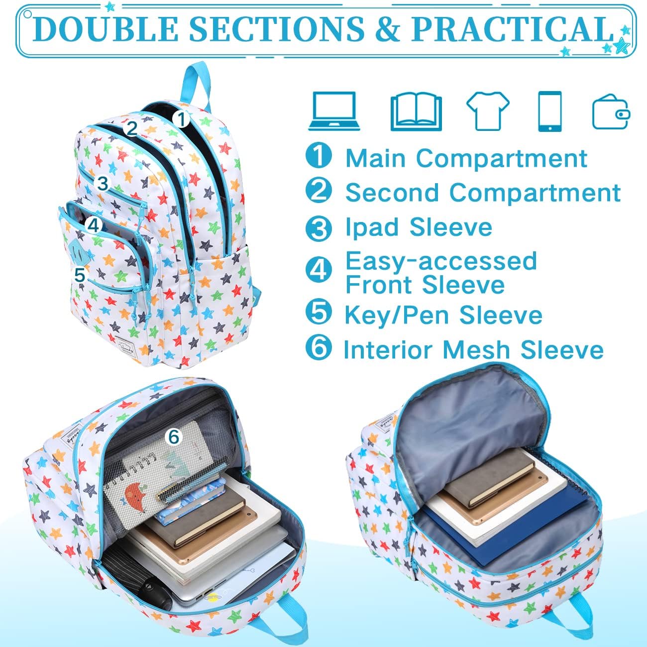 VASCHY School Backpack for Teen Girls, Bookbag Schoolbag Casual Daypack for High School/College/Women/Travel/Work Stars - Image 4