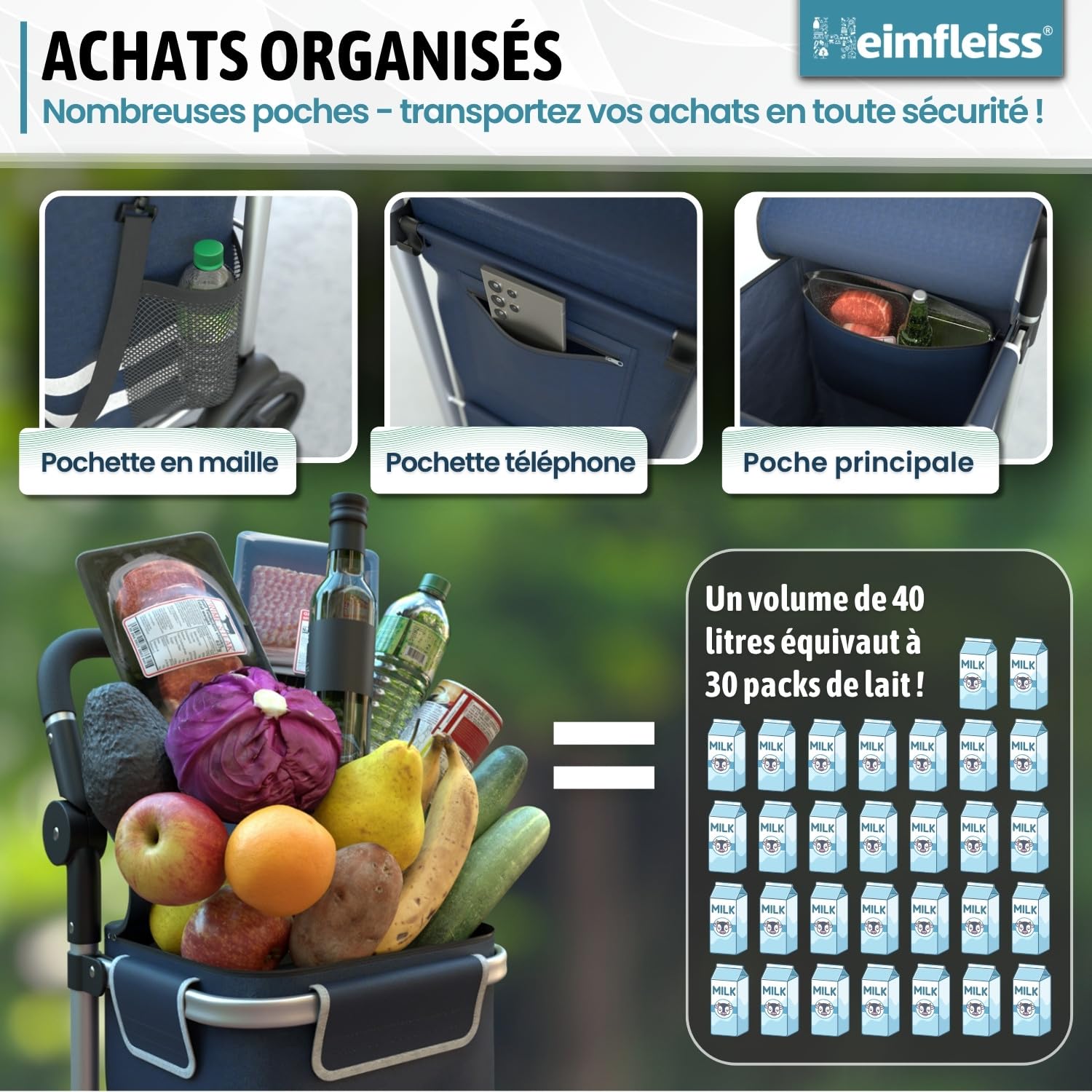 Heimfleiss® Chariot de Courses Pliable 56L | Caddie de Courses Pliant avec 50kg de Charge Utile | Sac de Courses Léger à roulettes | Chariot de Shopping XL avec Compartiment Isotherme | Bleu
