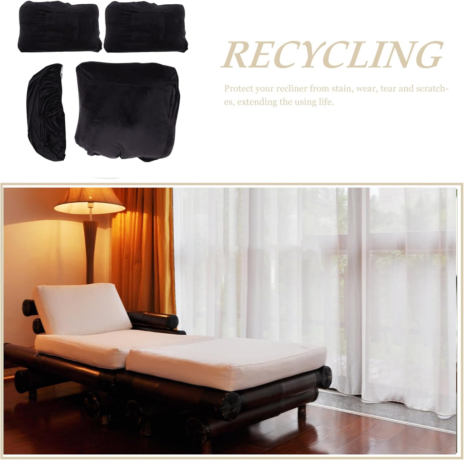 GANAZONO Elastic Recliner Sofa Cover Set 4pcs Black Full Wrap Plush Velvet Recliner Headrest Couch Cover Thick Soft for Home