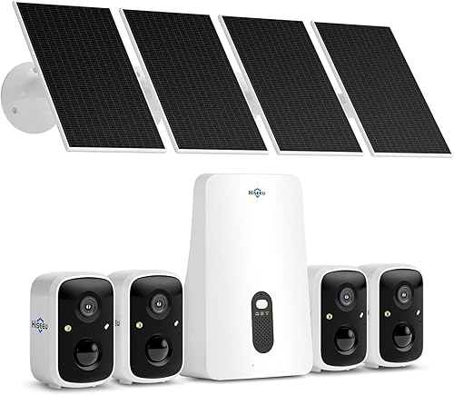 Hiseeu Cámaras de seguridad solares inalámbricas para exteriores, kit de 4 cámaras, sin suscripción, ampliable a 10CH, sistema de cámara de