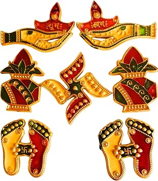 Diwali Shubh Labh Kalash with Laxmi Charan Paduka Feet | Traditional Door & Floor Rangoli Decoration with Studded Stones & Sequins | Festive Home Decor for Entrance, Table & Pooja Red Yellow
