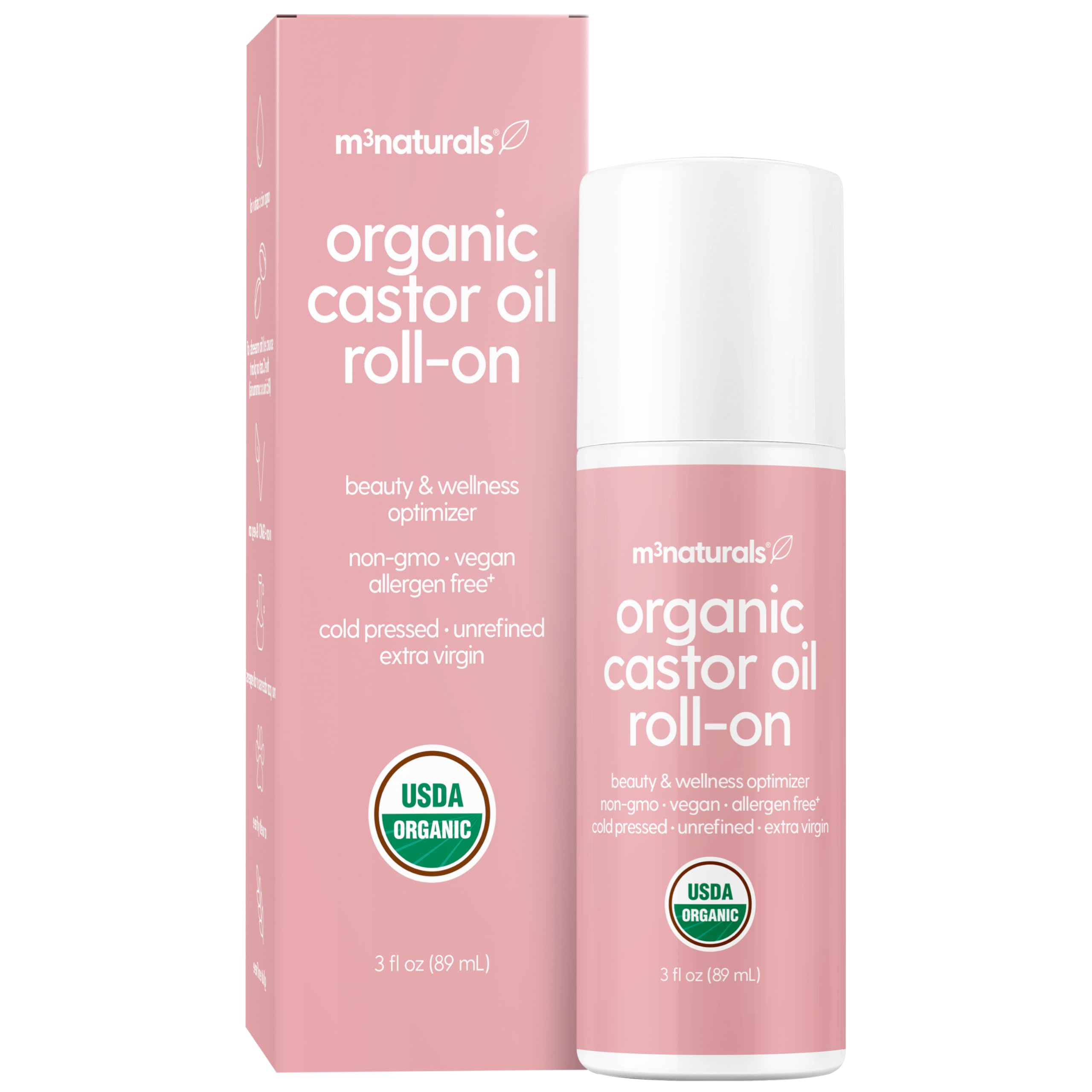 Organic Cold Pressed Castor Oil Roll-On Nourishing Treatment| Hexane-Free, USDA Organic Idea for Hair, Skin & Brows | Mess-Free Applicator, 3 fl 0z (89 mL) by M3