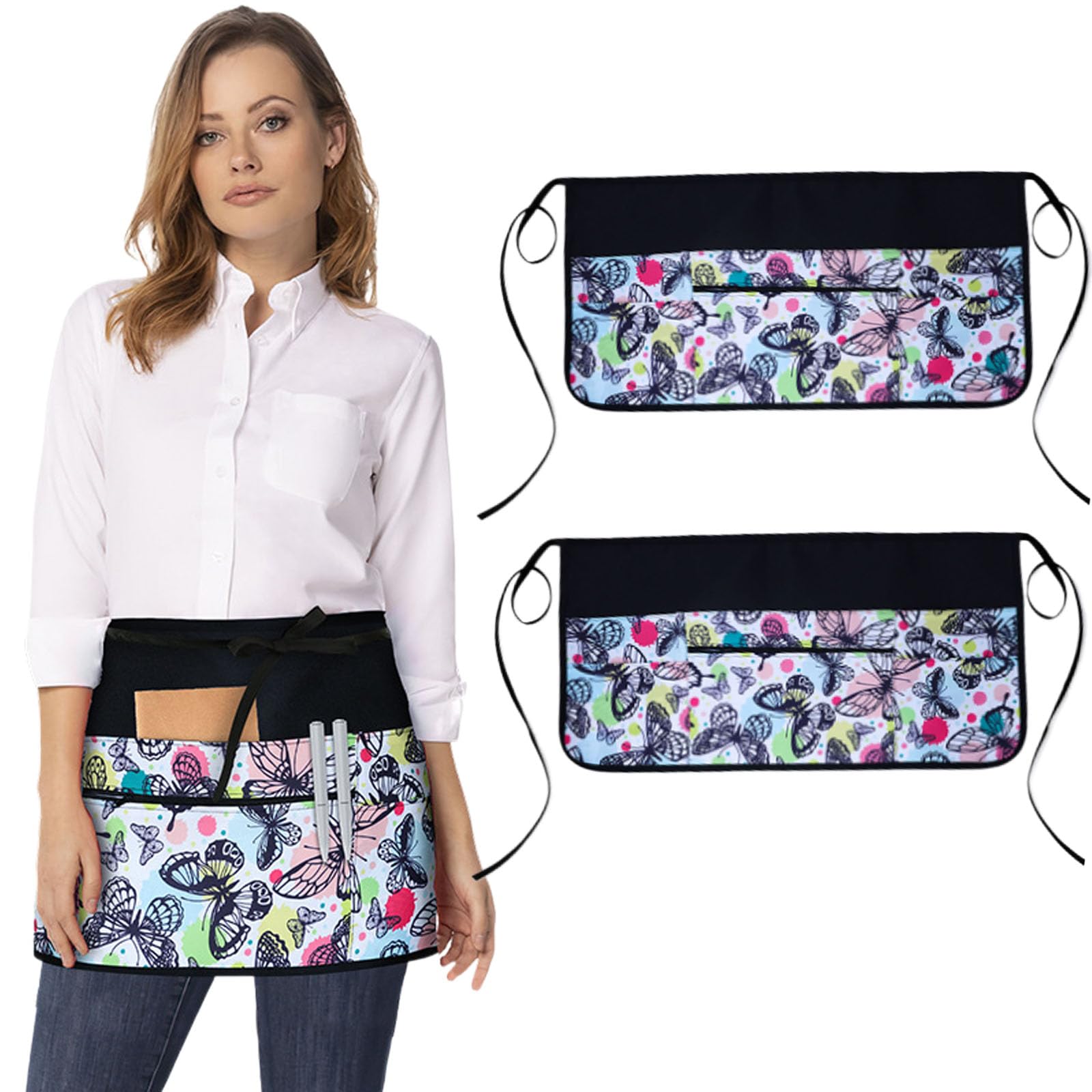 Oaygat Waist Waiter Waitress Half Apron 23 * 11 In Adjustable Pinny Florist Gardening and Cooking Apron Waterproof Tabard for Women With Pockets Universal Kitchen Work Baking Tabard With Long Strap