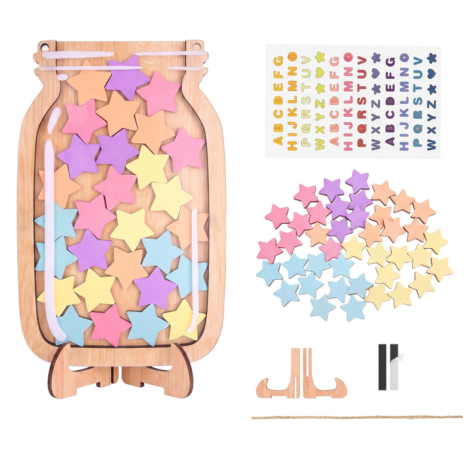 Reward Jar with Stars Wooden Reward Jars for Children Good Behaviour Charts for Children Star Jar Reward System Tokens for Home School Classroom Positive Behaviour Encouragement (30 Stars + Stickers)