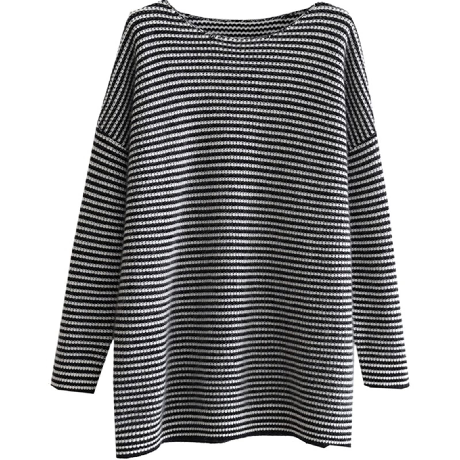 ZEKOLOSweater, Cashmere Sweater Women Black White Striped Long Sleeve Pullover O Neck Casual SolidWinter Sweaters (Size : XXL)