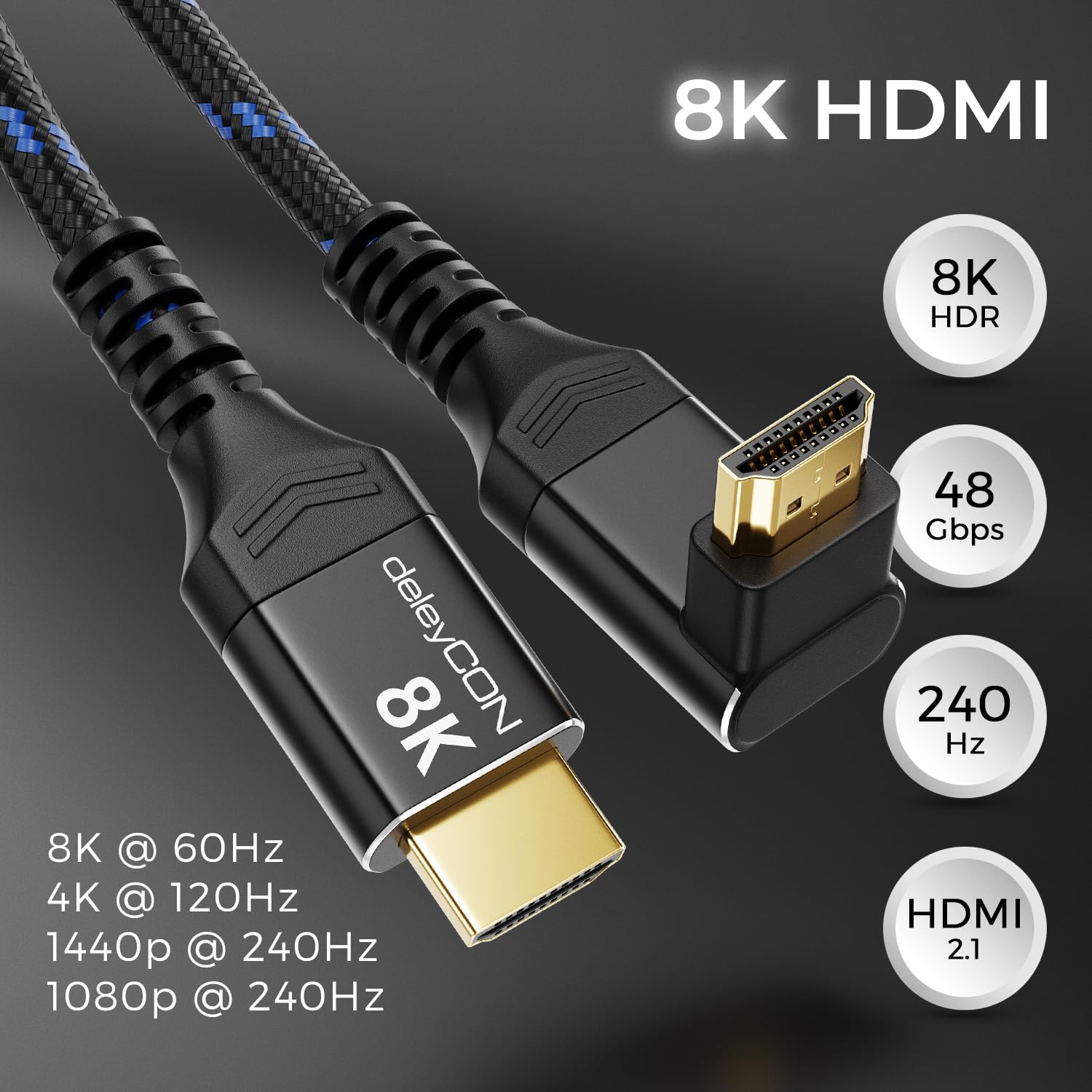 deleyCON Cable HDMI 2.1 8K 2m Cable de Alta Velocidad Ultra High Speed 48 Gbps con Conector Acodado (270°) - Ideal para TV, Monitor, PS4, PS5, EARC, HDR10+ - 10K/8K@60Hz, 4K@120Hz/144Hz y 2K@240Hz