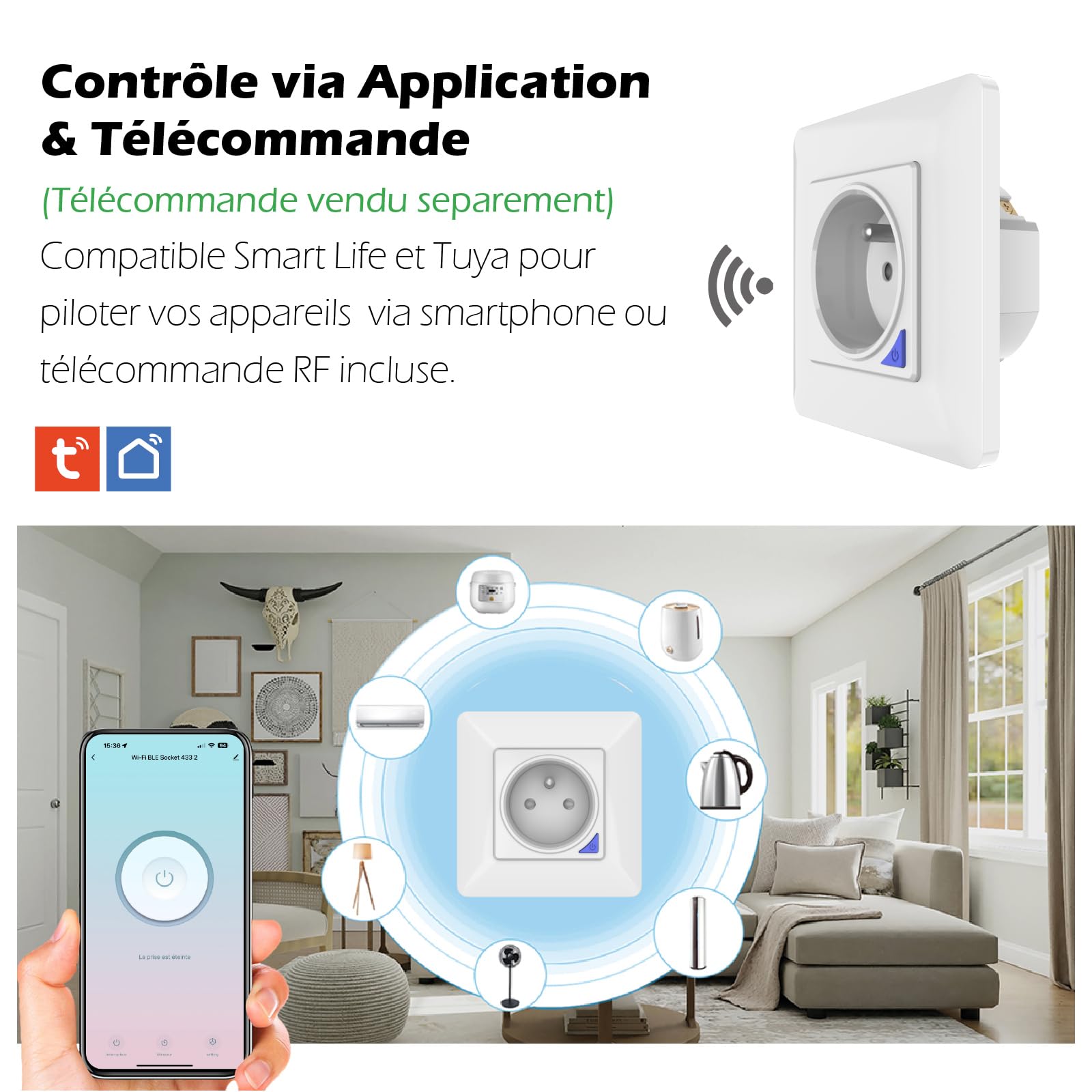 KYF Lot de 2 Prises intérieures encastrées 3000W connectées Wifi + Suivi de consommation + Compatible assistants vocaux
