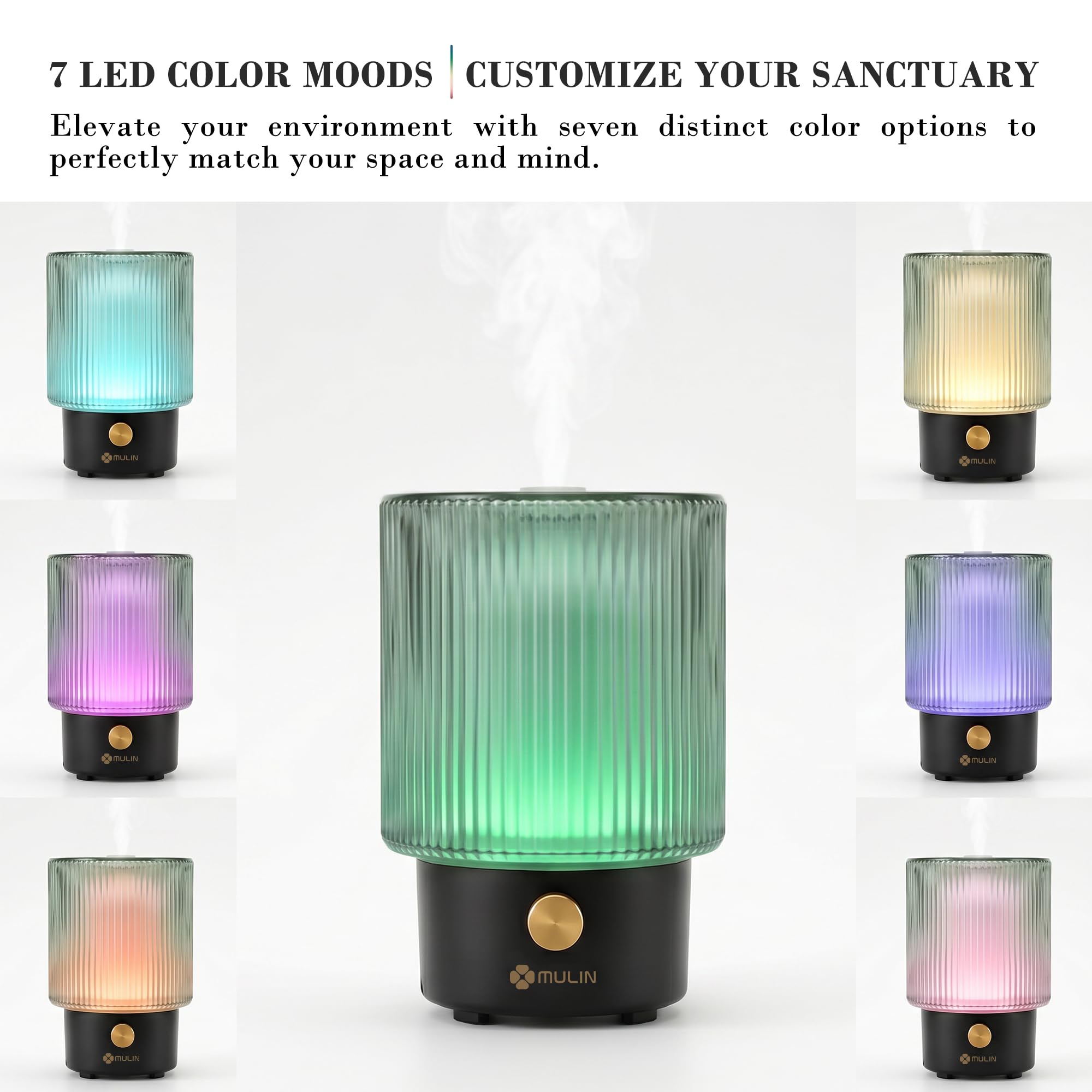 MULIN Diffuseur Huiles Essentielles en Verre Fait Main 100ML, Diffuseur Ultrasonique Silencieux avec Lumière LED, Humidificateur d’Air et Diffuseur Parfum Maison pour Chambre, Bureau, Yoga