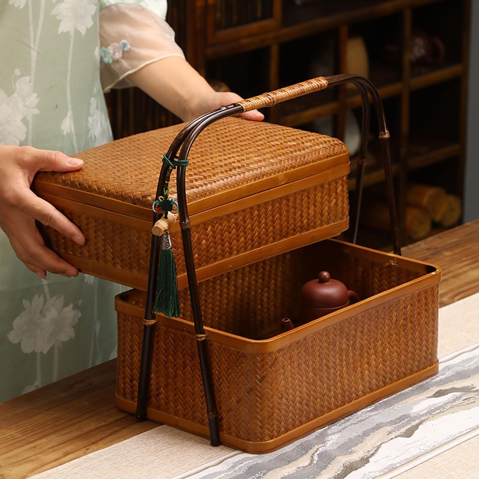 Cesta Picnic, Cesta con Asa, Cesta de Mano, Caja de Almacenamiento Portátil, for Acampar y Fiestas al Aire Libre(1 Layer)