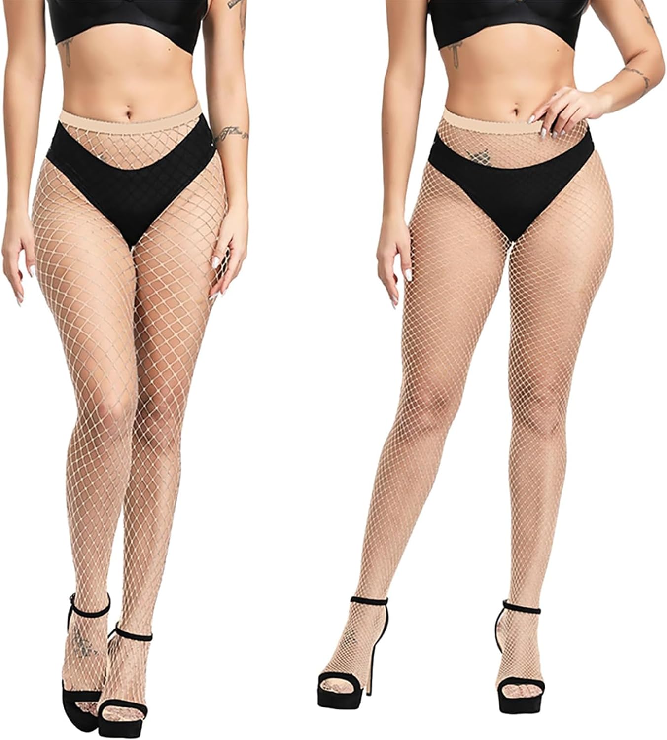 E-Laurels Womens High Waist Patterned Fishnet Tights Suspenders Pantyhose Thigh High Stockings Black - Image 2