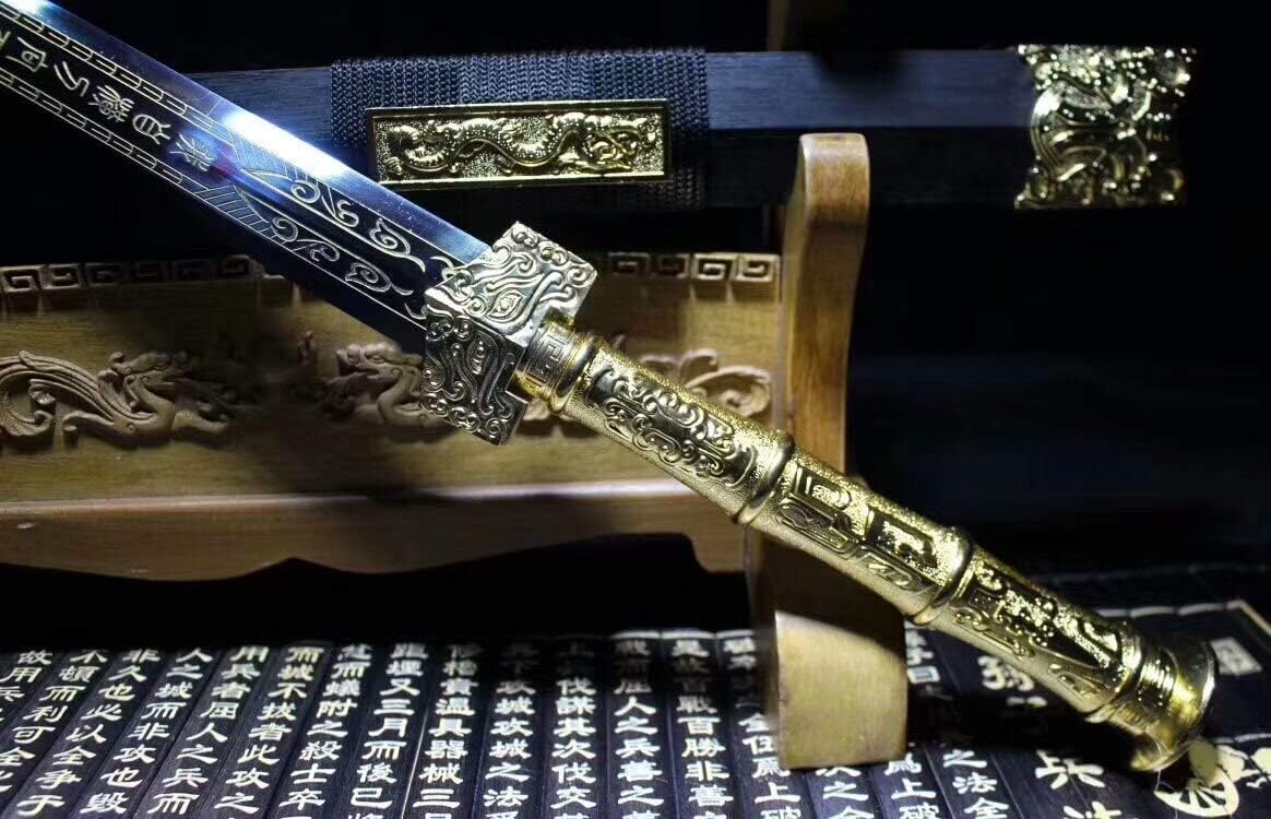 Chinese Swords Real,Han Jian,High Carbon Steel Etch Blade,Black Wood Scabbard,Alloy Handle