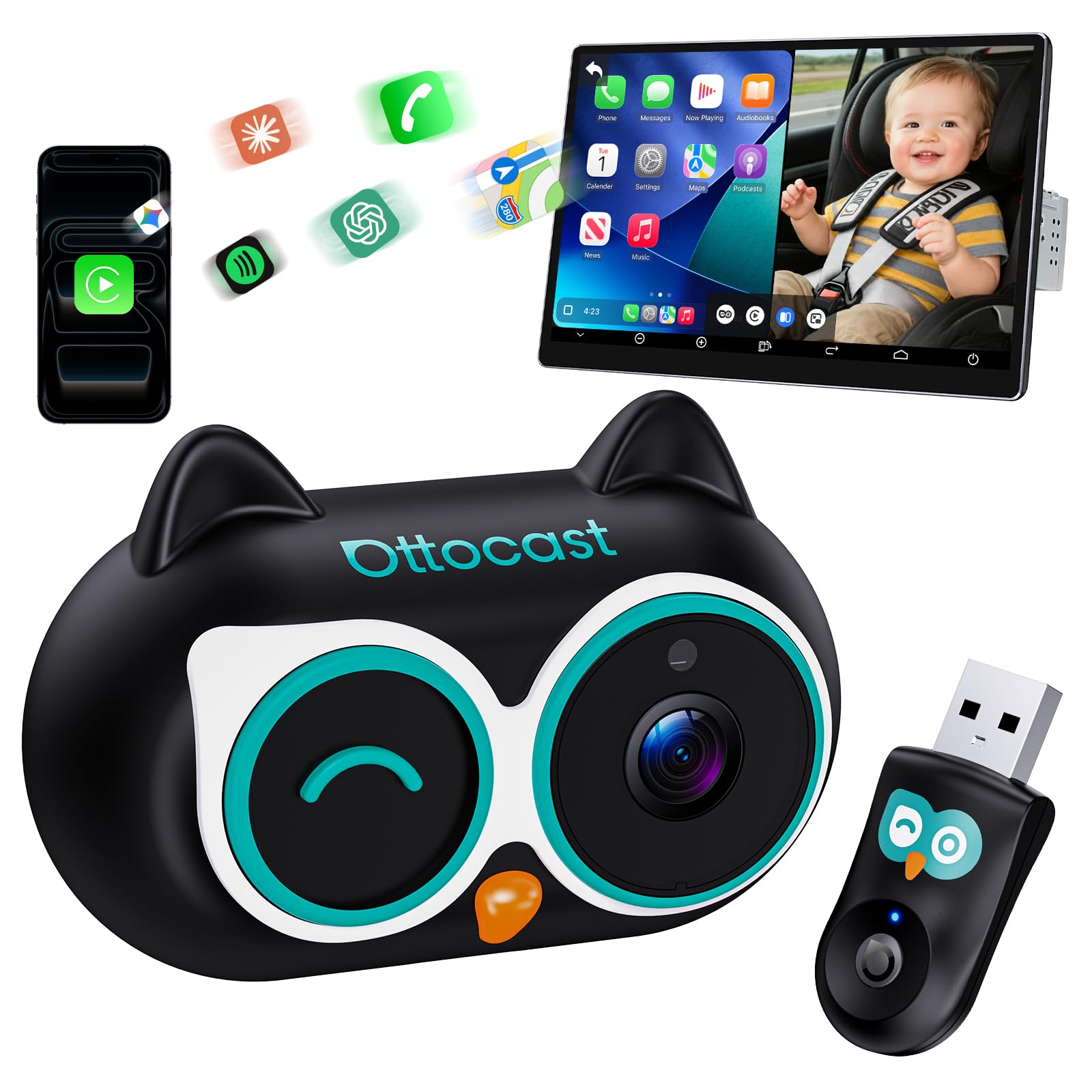 OTTOCAST Cabin Care Baby Car Camera with Wireless CarPlay Adapter, 1080P HD Baby Monitor with IR Night Vision, 150° Wide Angle, Real-Time Rear Seat View On Car Screen, Easy Install-image-38