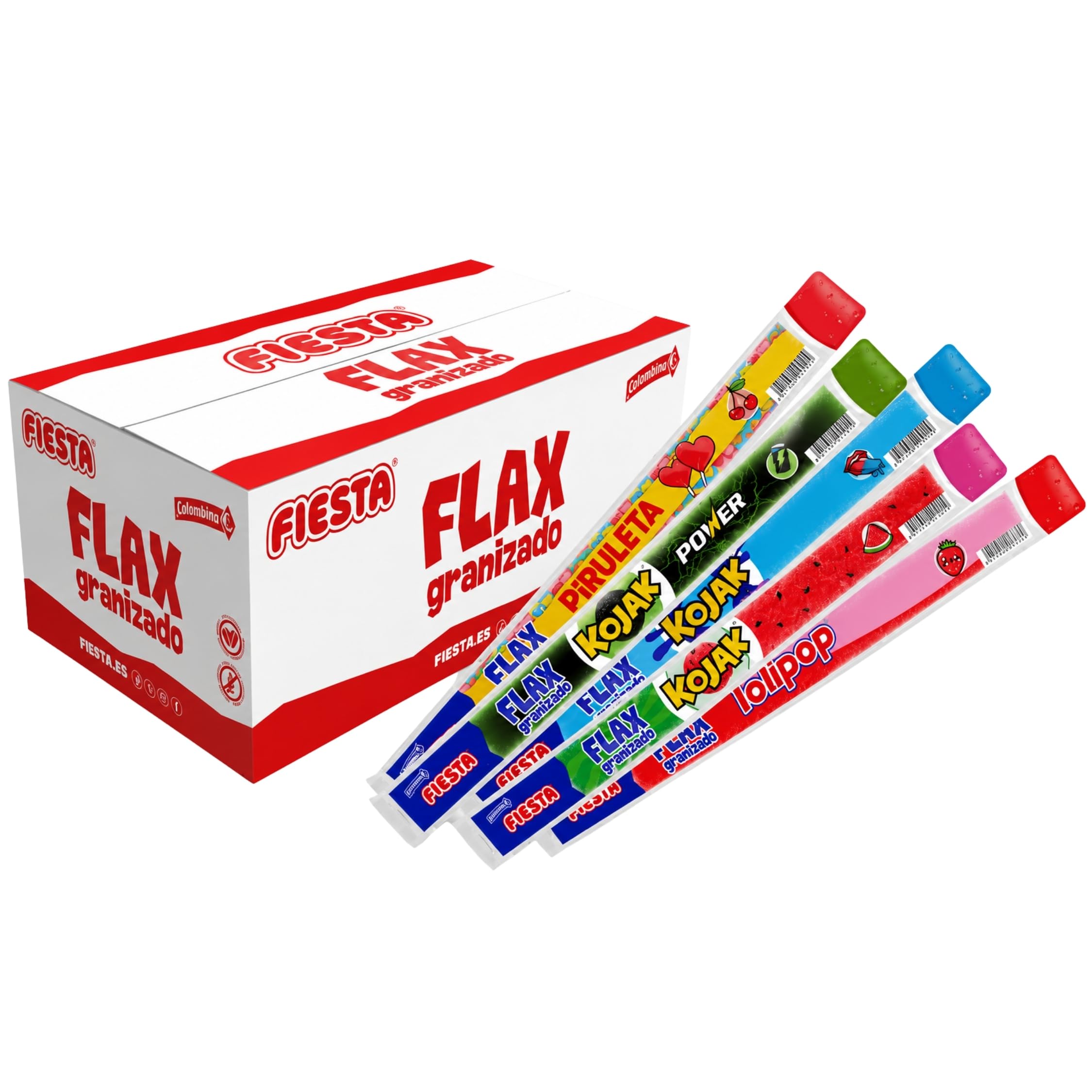 Fiesta Flax Granizado Surtido 96 Unidades x 65ml - Sabores Kojak, Power, Piruleta y Pintalenguas - 6240ml - Distribuido por Laborawi