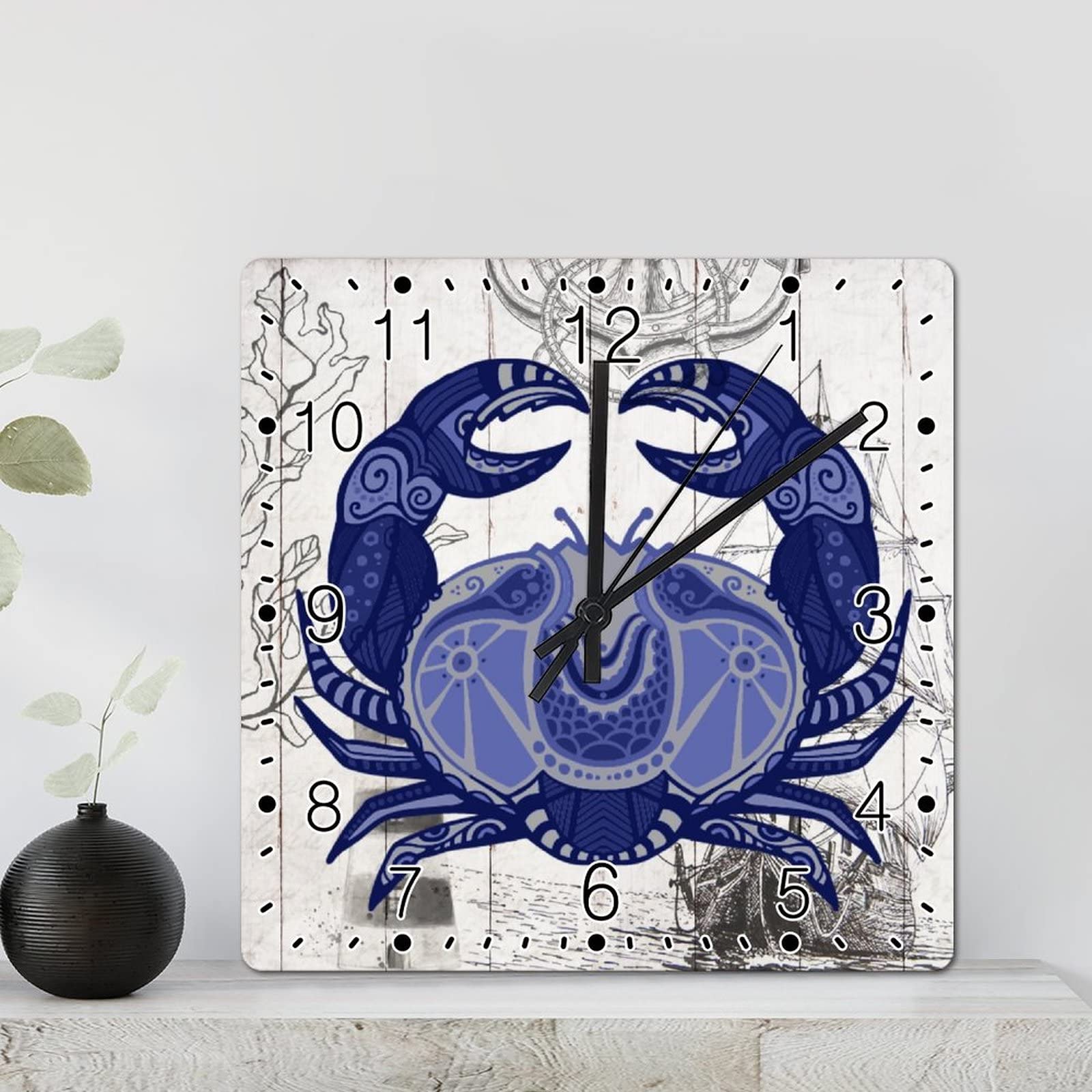 Horloge murale carrée crabe homard de 30,5 cm à pile pour décorer le salon