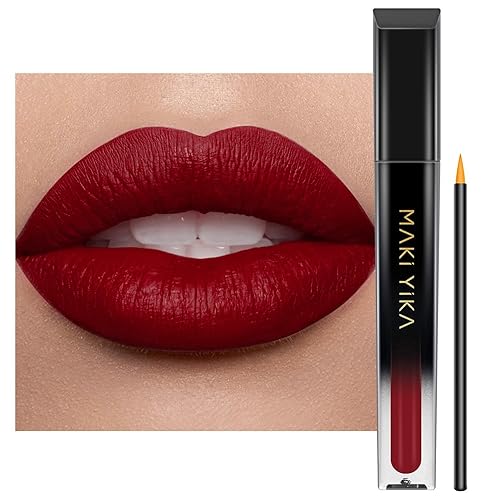 Miniatura 1 de MAKI YIKA Lápiz labial rojo burdeos mate, de larga duración, lápiz labial líquido rojo oscuro, a prueba de manchas, manchas de labios rojo baya,