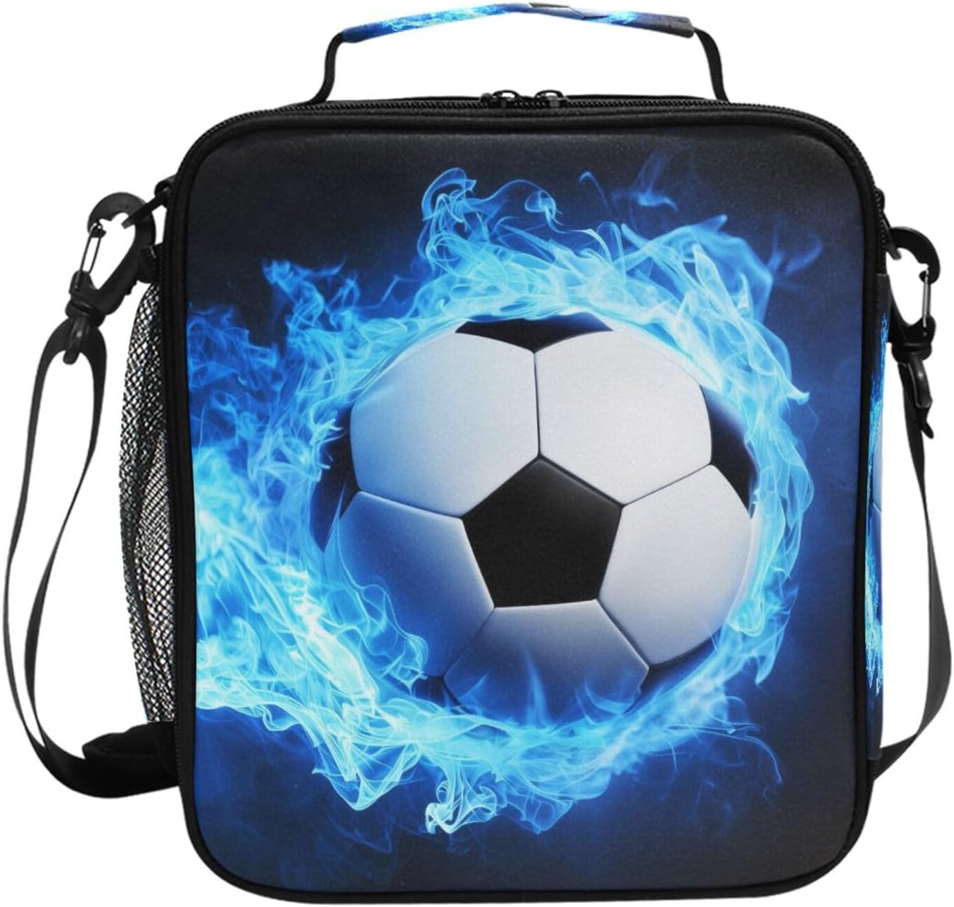 Blue Soccer Flame Football Fire Lunch Box for Girls Boys Insulated Lunch Bag with Adjustable Shoulder Strap Kids Thermal Tote Bags Cooler School Travel Picnic