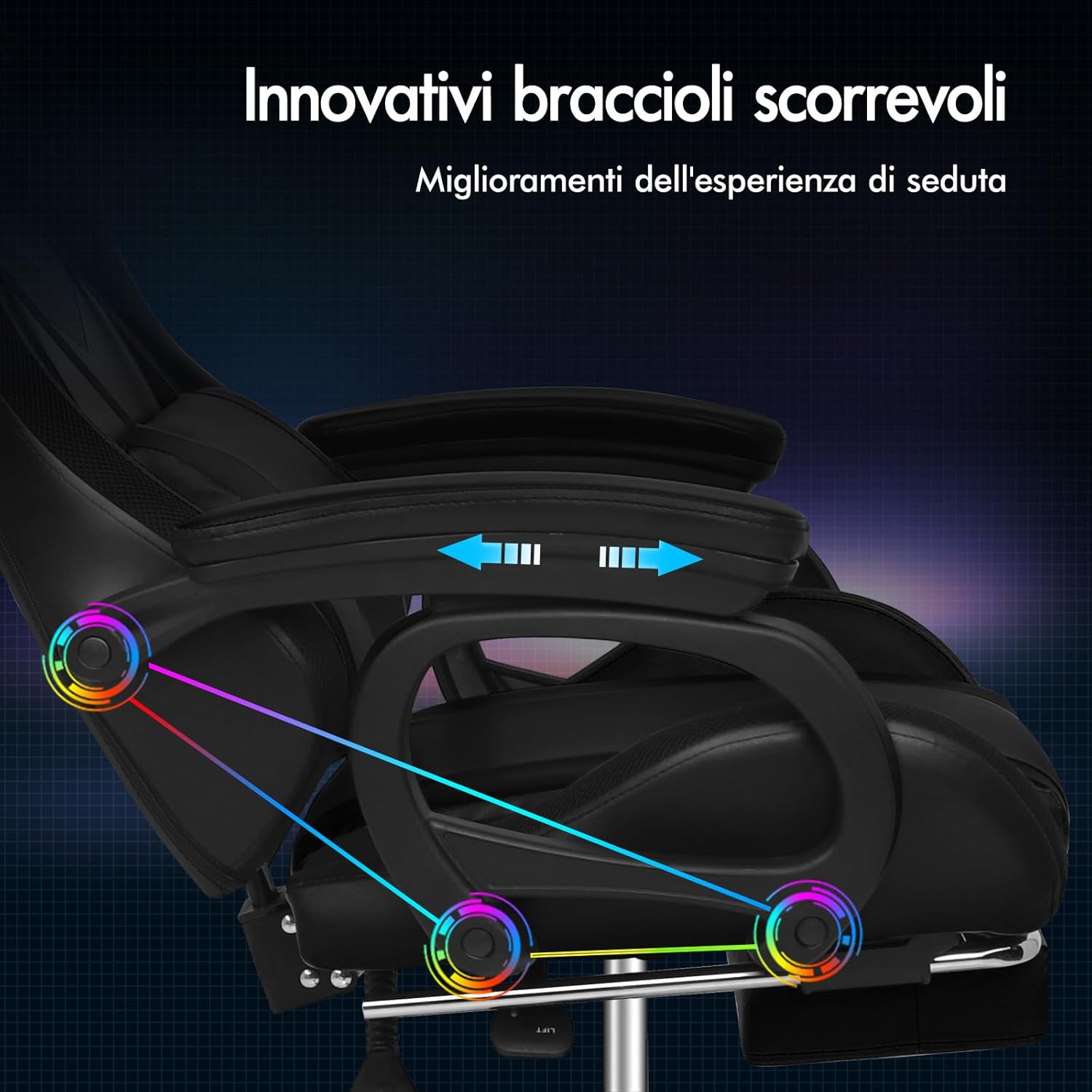 Sedia Gaming Massaggiante con Luci LED,Sedia Ergonomica Gamer per Ufficio Domestico,Poltrona Scrivania con Poggiapiedi,Schienale Regolabile 90-150-¦,Portata 180KG - Sedia gaming - Immagine 5