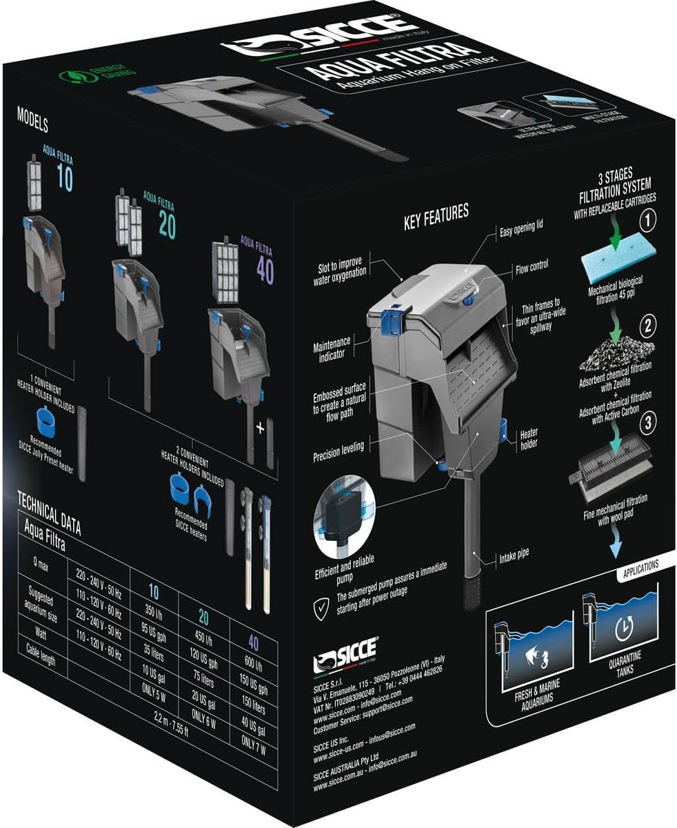 Sicce Aqua Filtra 20 Hang On Back Aquarium Fish Tank Power Filter Up to 20 Gallon Aquariums - Quiet 3-Stage HOB for Freshwater & Saltwater
