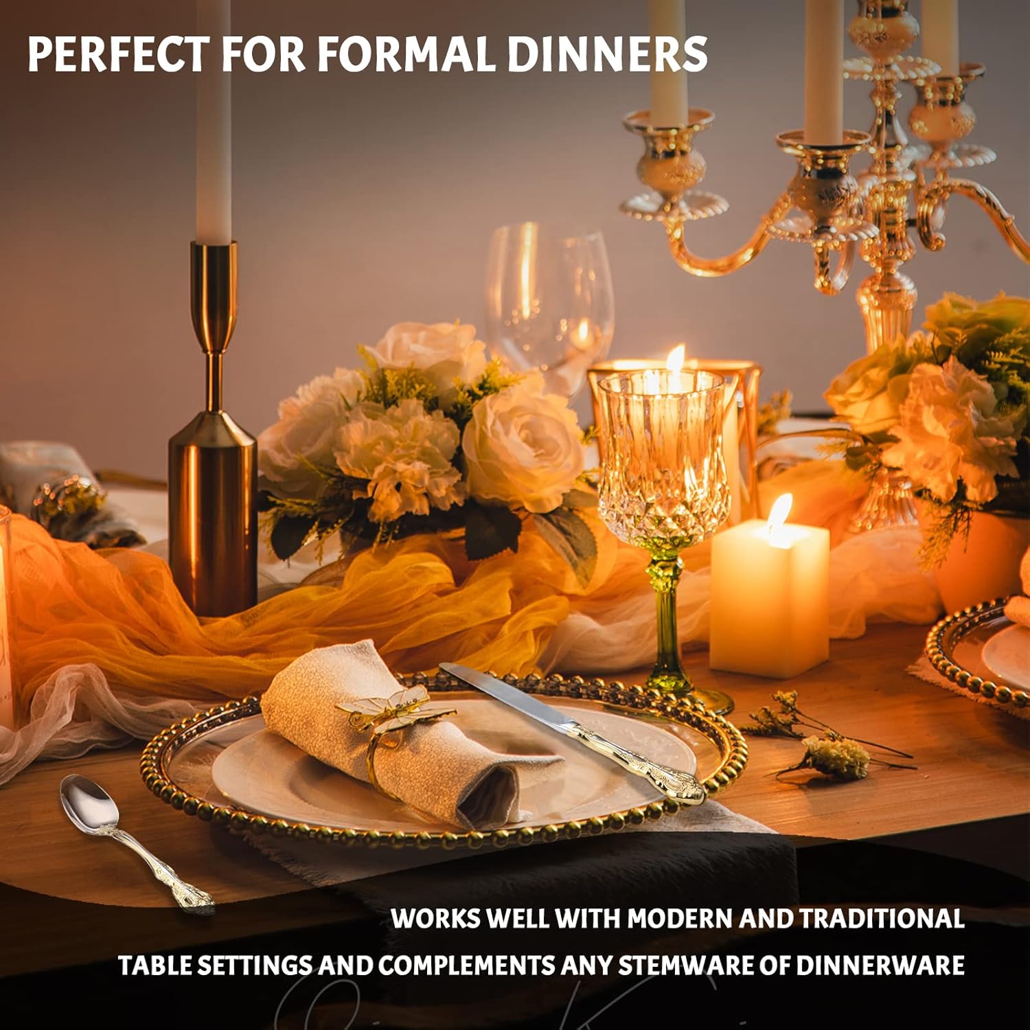 Golden forMichelange Silverware Set for 4, Elegant 18/10 Stainless Steel Flatware Set, Cutlery Sets for 4 People, Dishwasher Safe (20pcs, Golden)