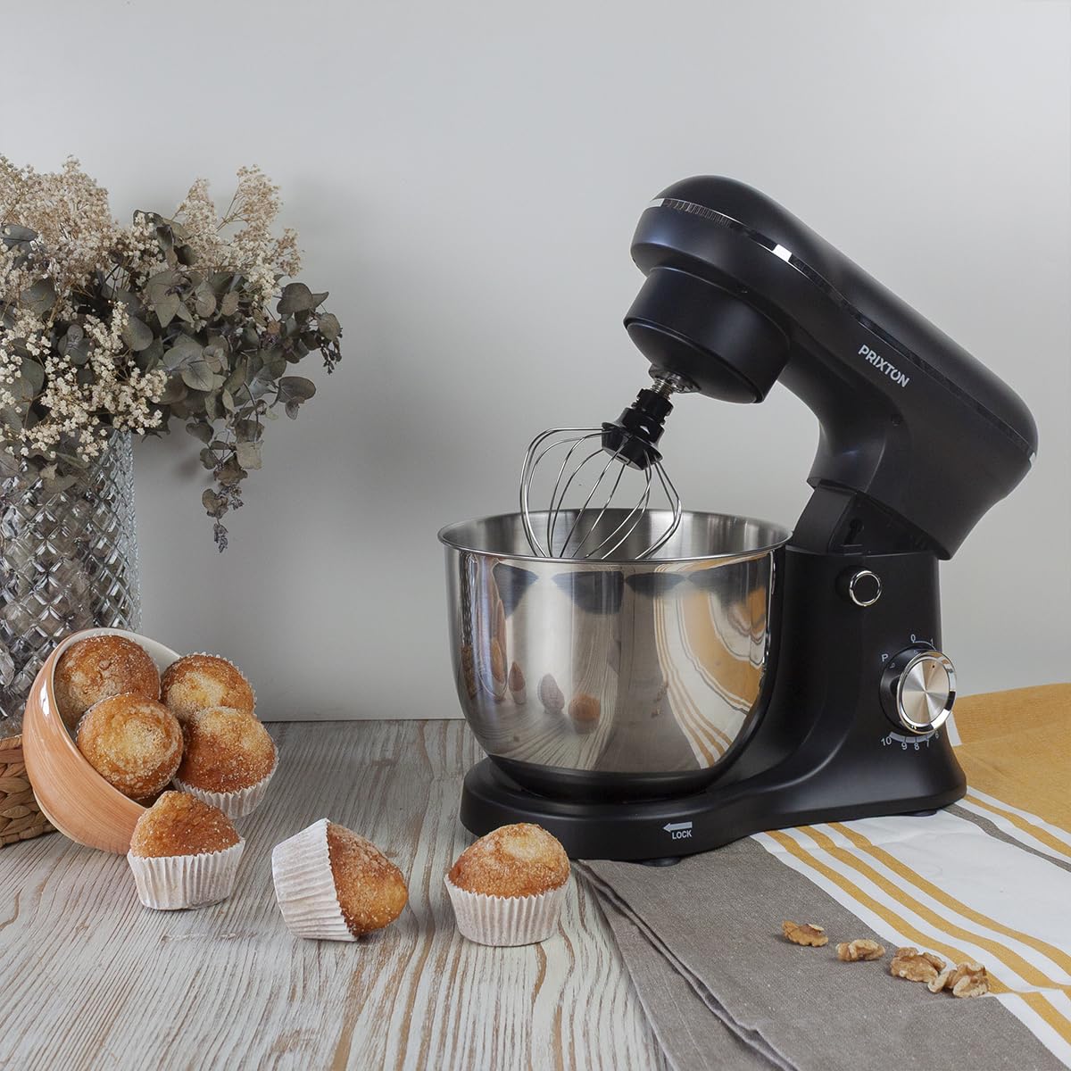 PRIXTON Batidora Amasadora KR250 para Repostería, Potencia 1500W, 10 Velocidades, Bol Acero Inoxidable de 5 litros, 3 accesorios, Tapa Transparente, Color Negro Mate