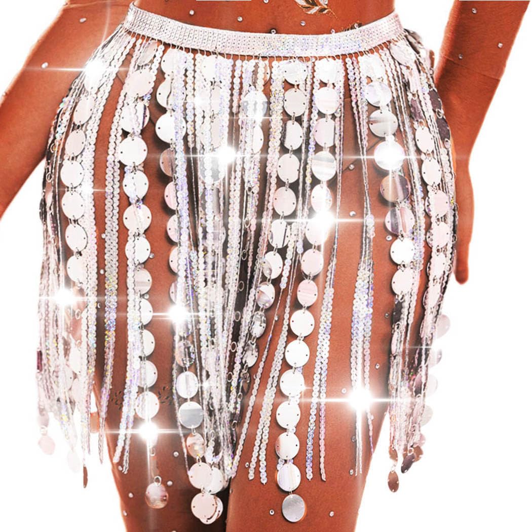 Festival Outfit Paillettenquaste Rock Silberne Silvester Fransenröcke Bauchtanz Hüfttuch Rave Costume Accessoires für Frauen