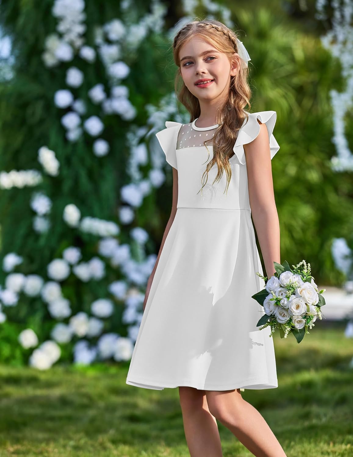 Flypigs Girls Dresses Summer Formal Party Wedding Ruffle Sleeve Mesh Knee Length A Line Dress with Pockets - Image 5