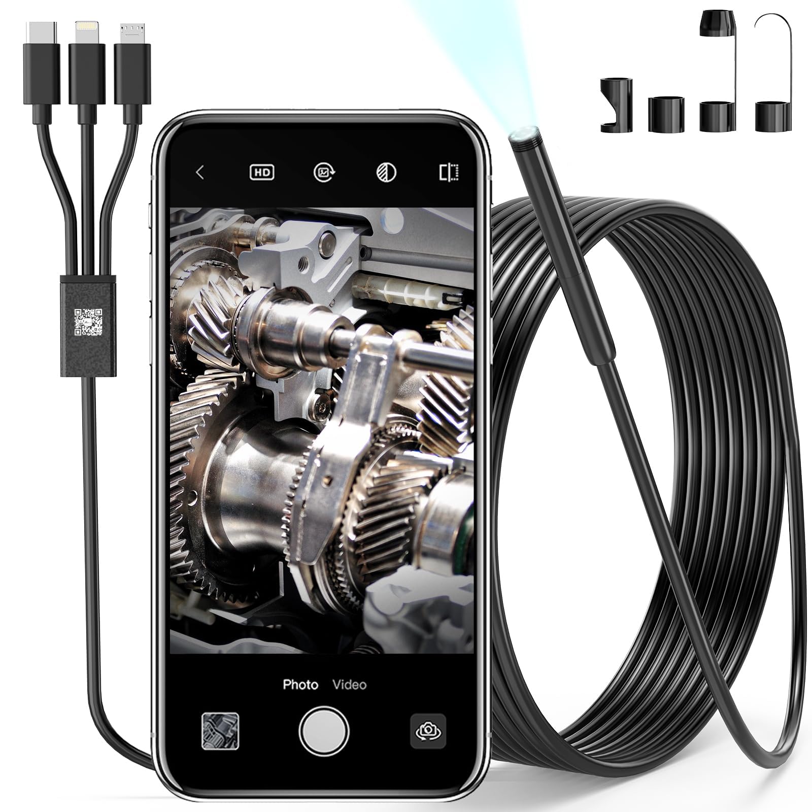 Endoscope Camera with Light, NEGAHU 1080P HD Camera with 6 Adjustable LEDs 0.3IN 3 in 1 Snake (Support iPhone,Type-C,Android), IP67 Waterproof,9.8FT Semi-Rigid