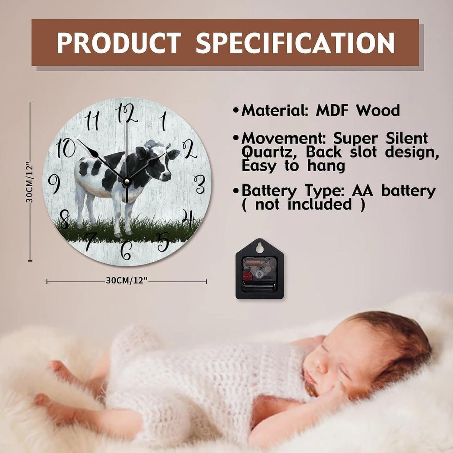 Holstein Cow Wall Clock Milk Cow Large Wooden Wall Clocks Battery Operated 12 Inch Quiet Non-Ticking Farmhouse Art Modern Wall Decor for Bedroom Living Room Kitchen School Office